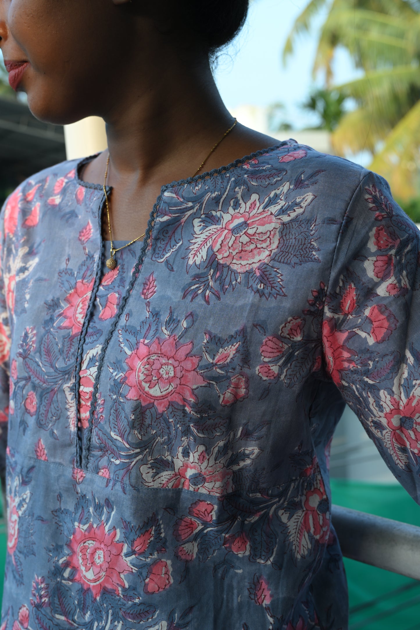Floral Hand Block Printed Lace Kurti
