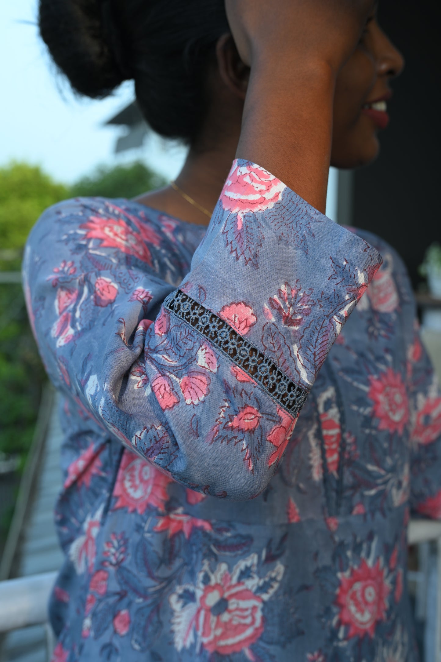 Floral Hand Block Printed Lace Kurti