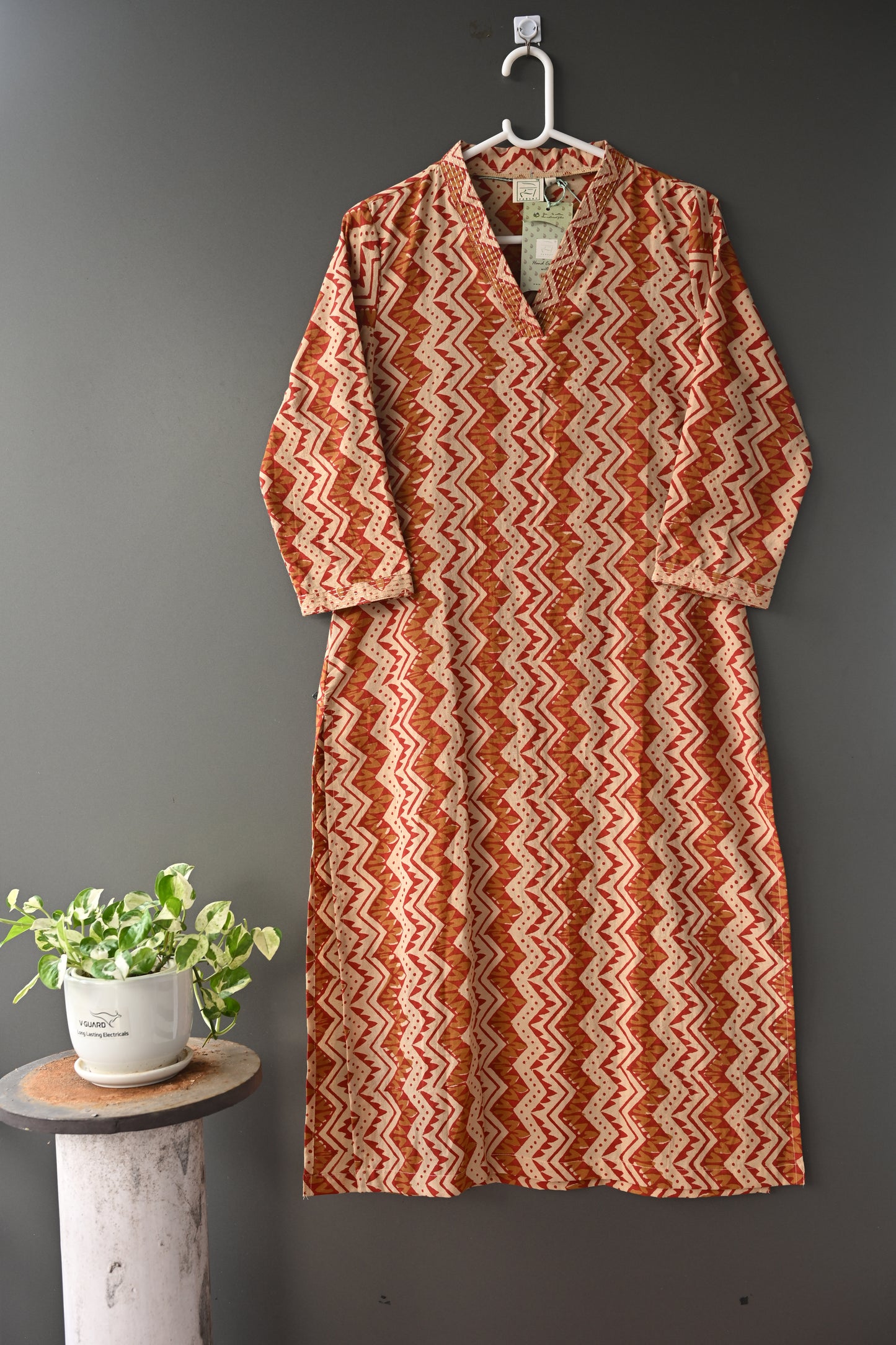 Bagru Hand Block Print With Kantha Embroidery V Neck Kurti