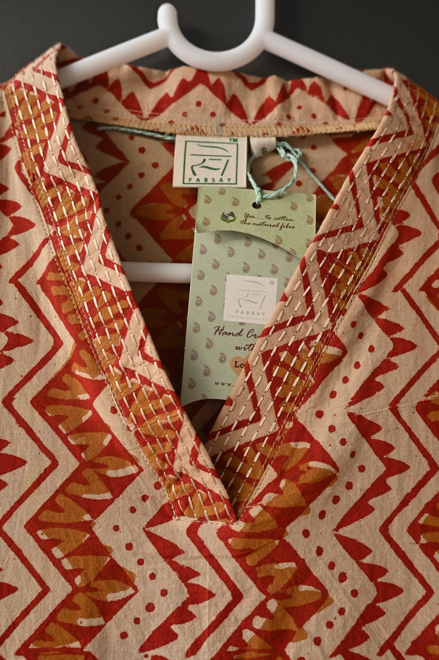 Bagru Hand Block Print With Kantha Embroidery V Neck Kurti