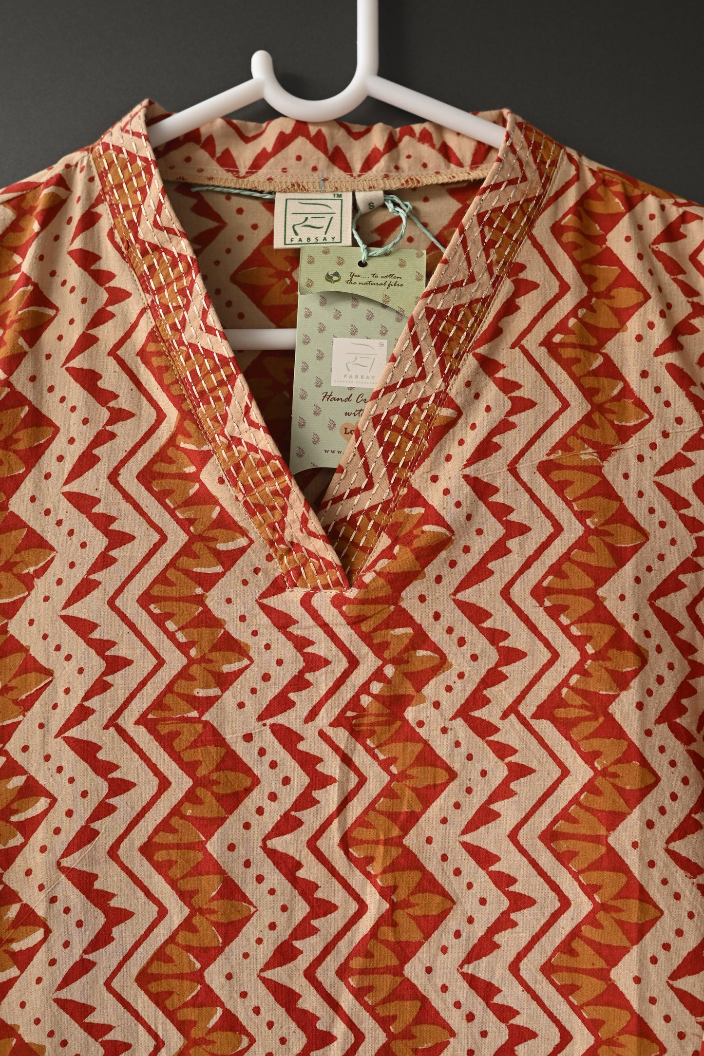 Bagru Hand Block Print With Kantha Embroidery V Neck Kurti