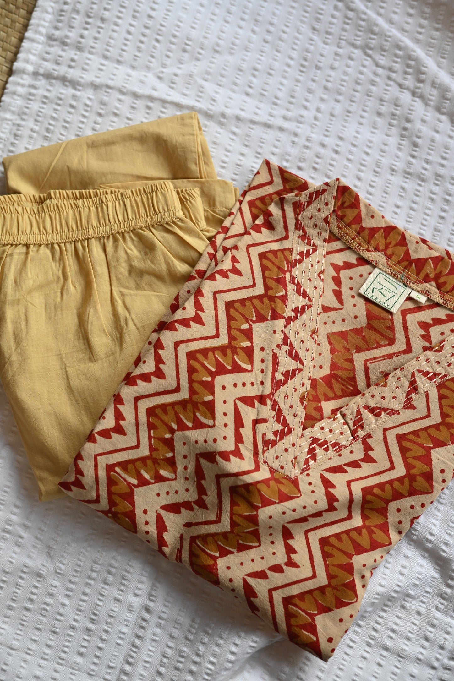 Bagru Hand Block Print With Kantha Embroidery V Neck Kurti