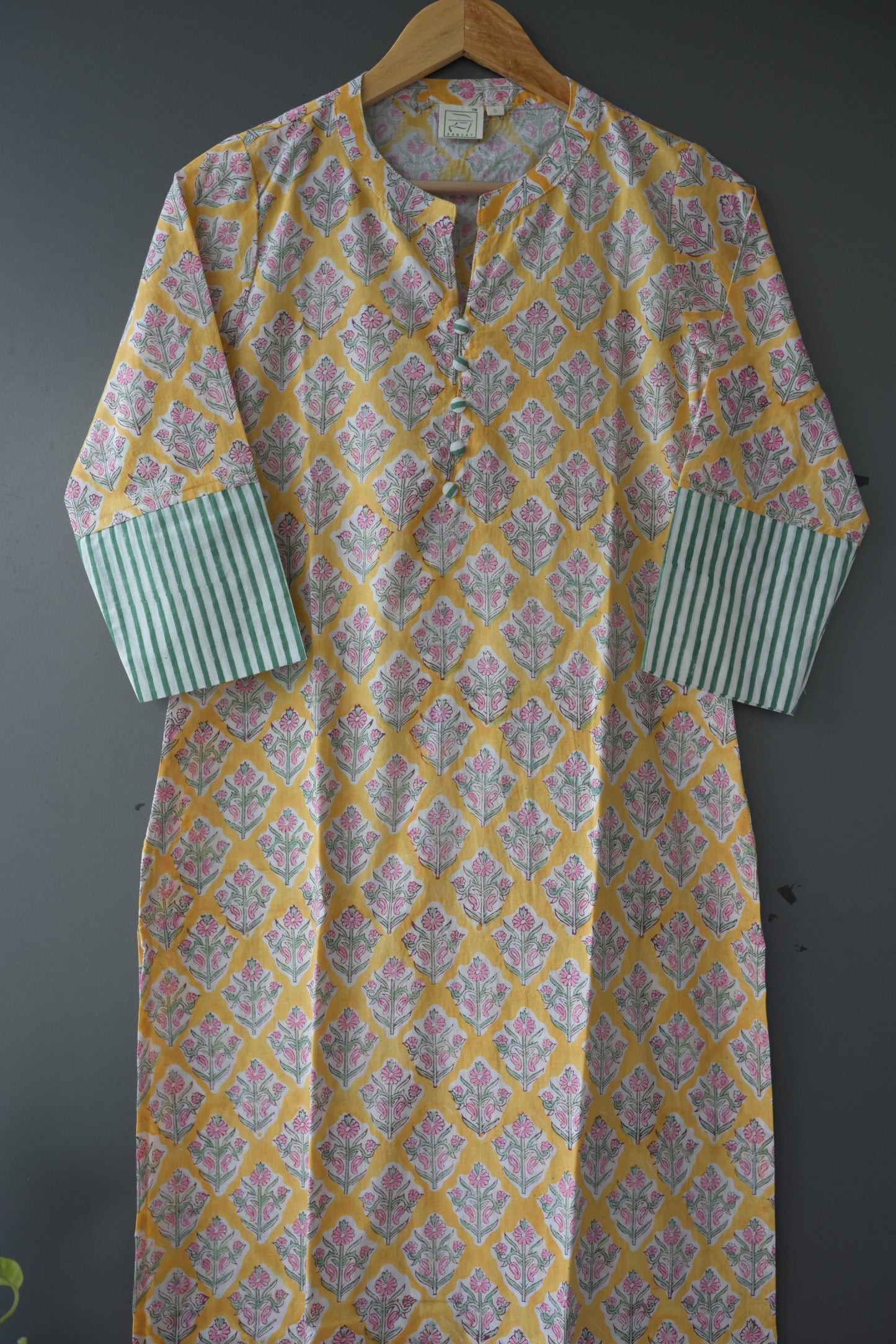 Yellow hand block printed Collar Neck Kurti