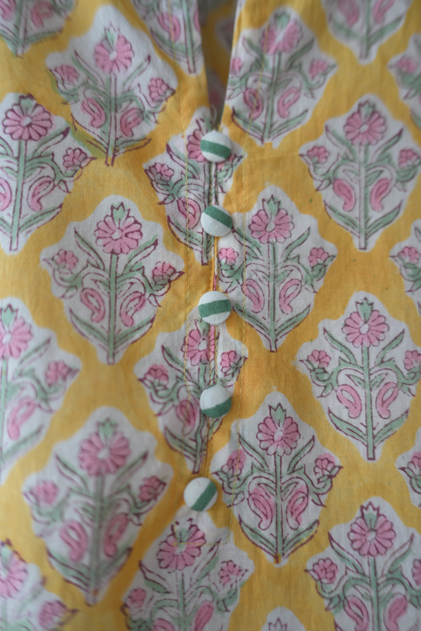 Yellow hand block printed Collar Neck Kurti