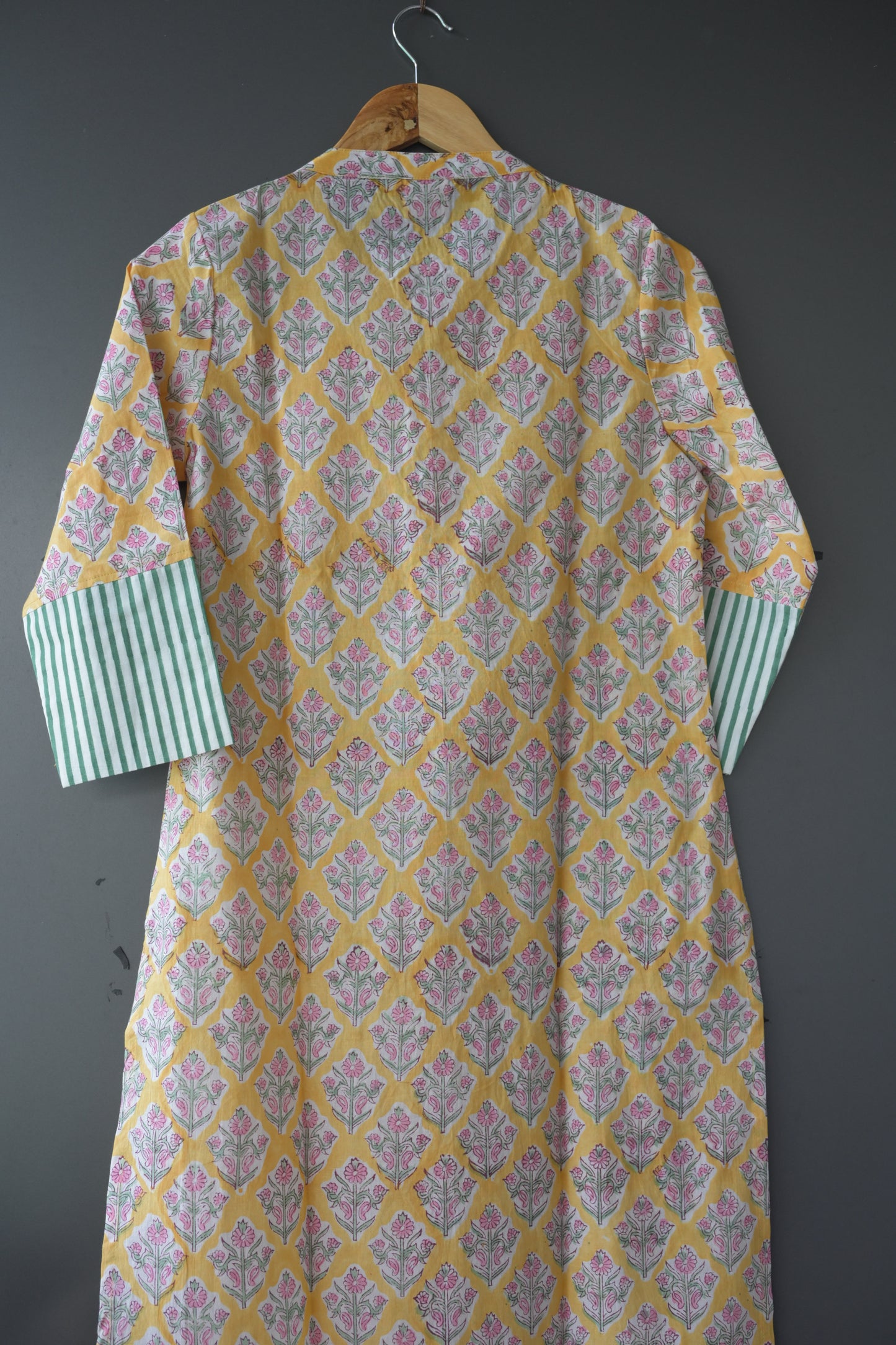 Yellow hand block printed Collar Neck Kurti
