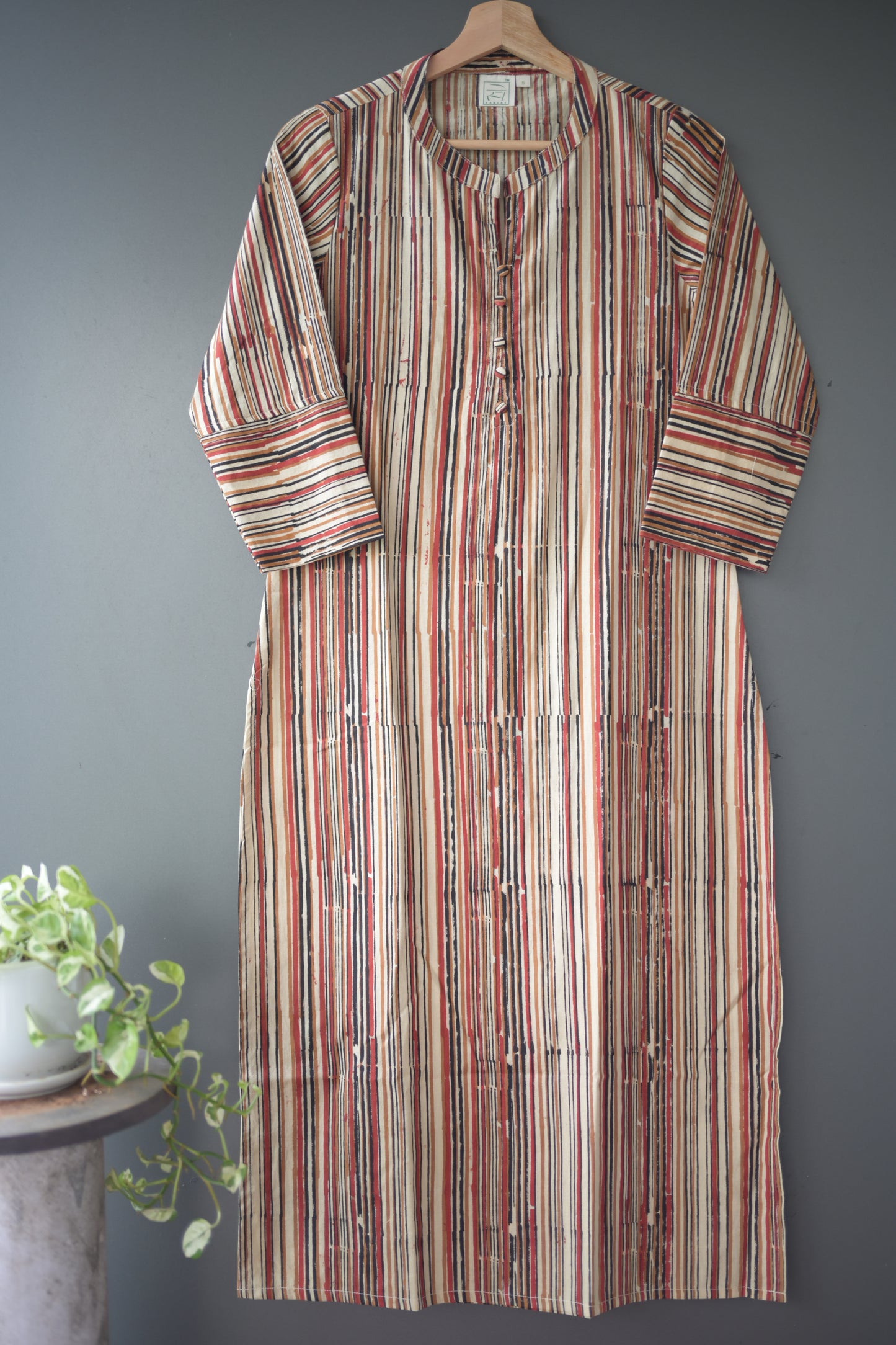 Brown Striped Bagru Hand Block Printed Cotton Collar Neck Kurti