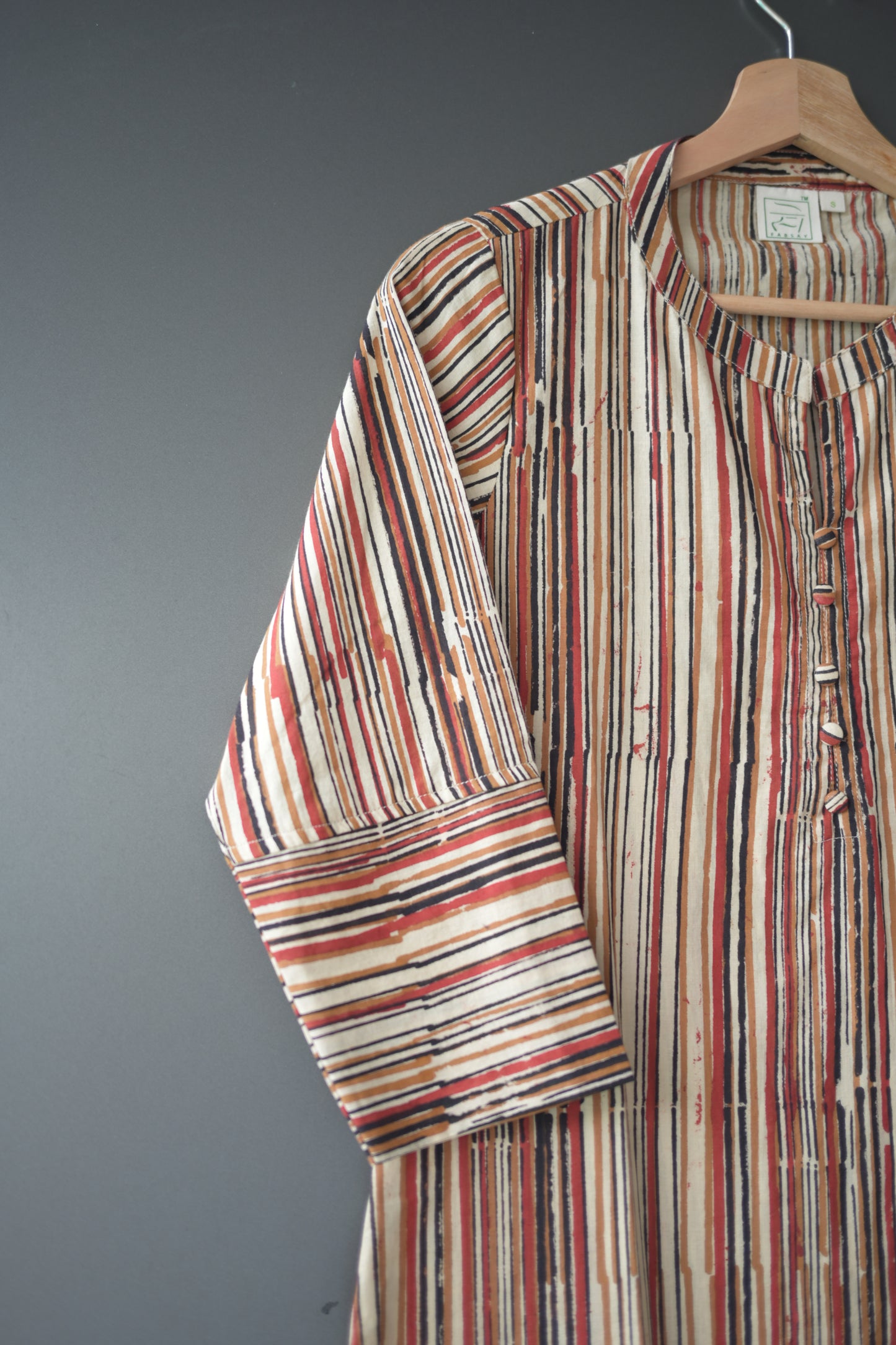 Brown Striped Bagru Hand Block Printed Cotton Collar Neck Kurti