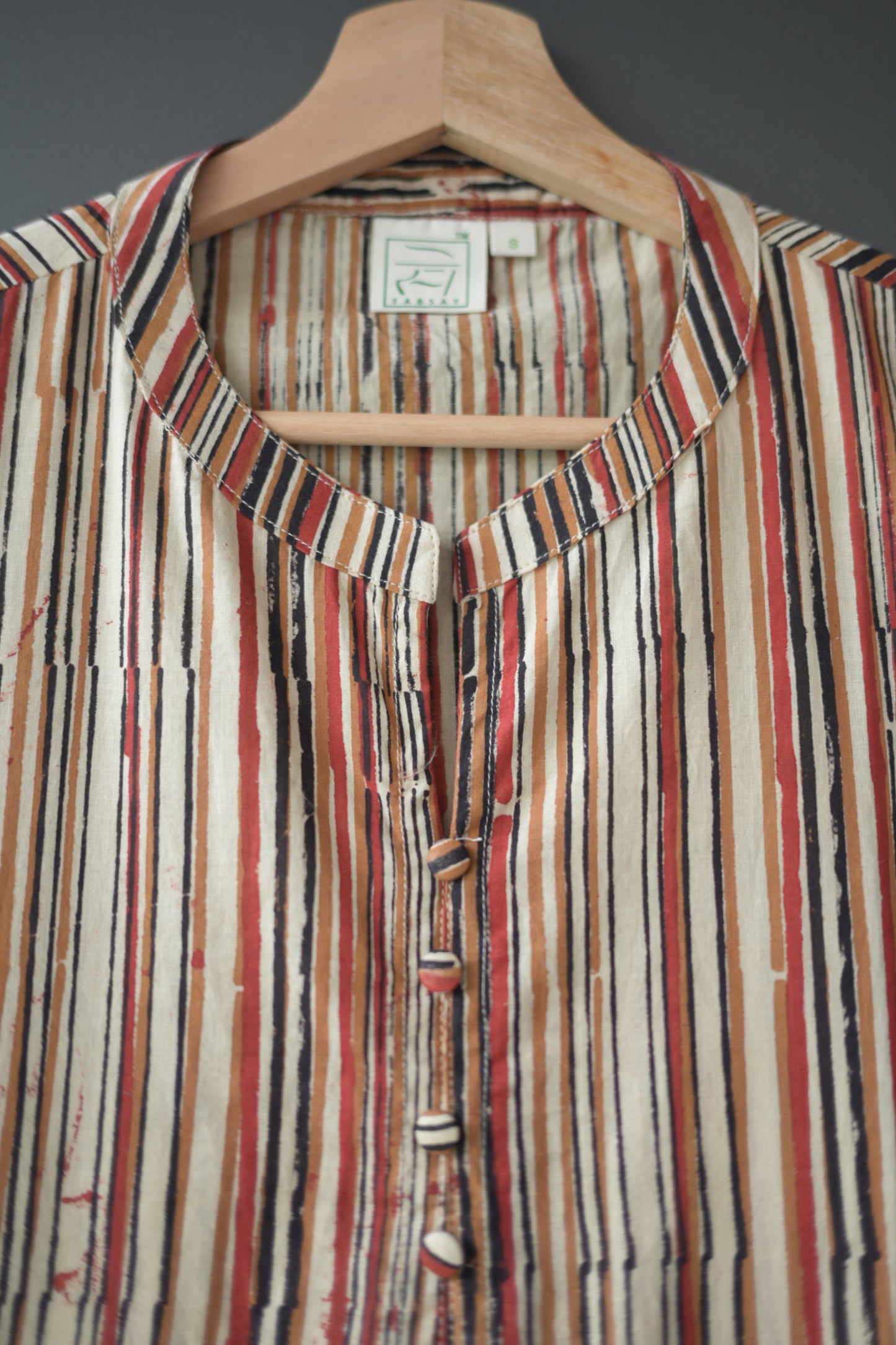 Brown Striped Bagru Hand Block Printed Cotton Collar Neck Kurti