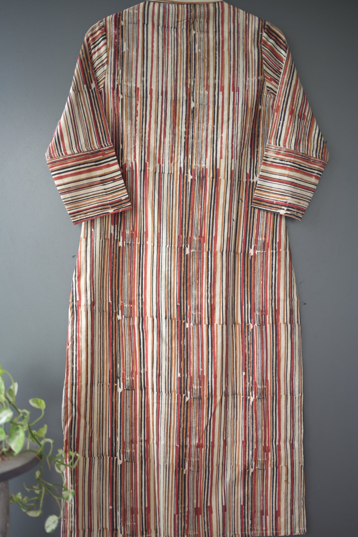 Brown Striped Bagru Hand Block Printed Cotton Collar Neck Kurti