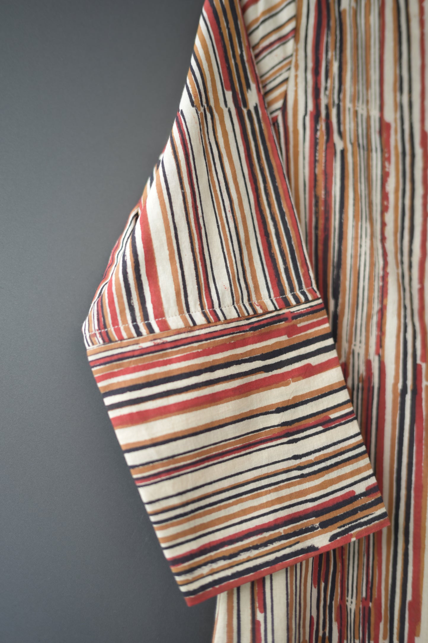 Brown Striped Bagru Hand Block Printed Cotton Collar Neck Kurti