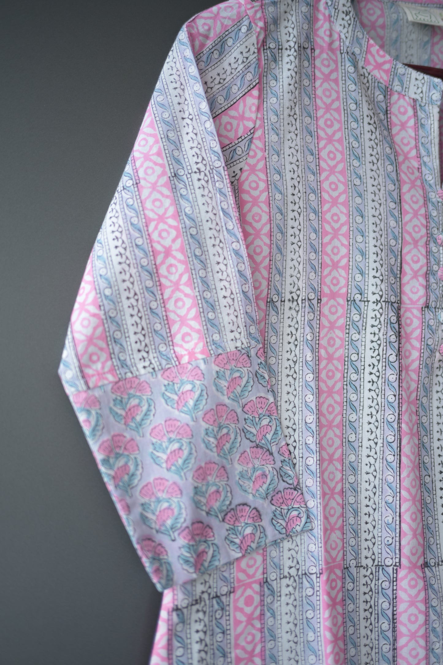 Pink and Grey Hand Block Printed Cotton Collar Neck Kurti