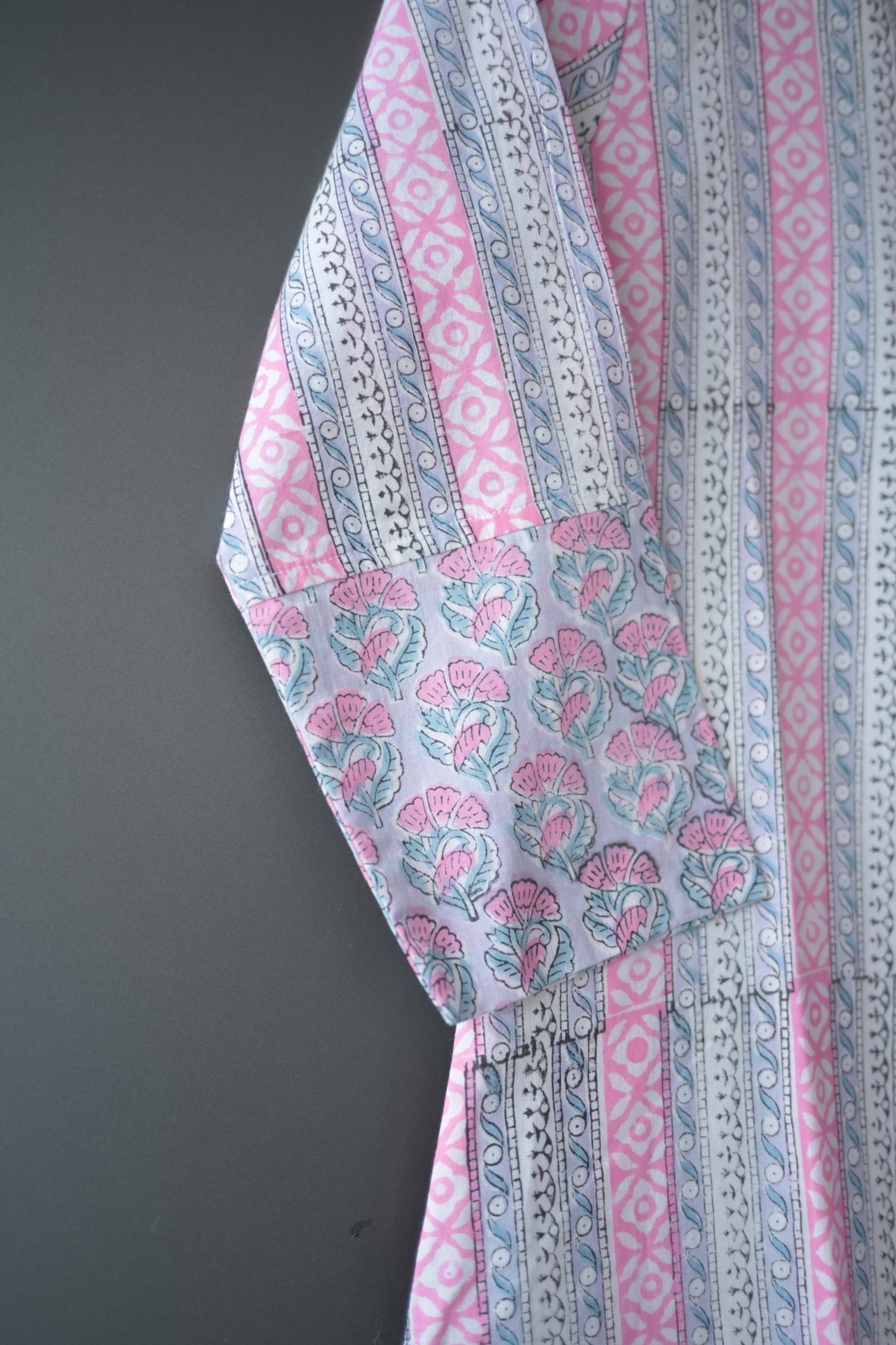 Pink and Grey Hand Block Printed Cotton Collar Neck Kurti