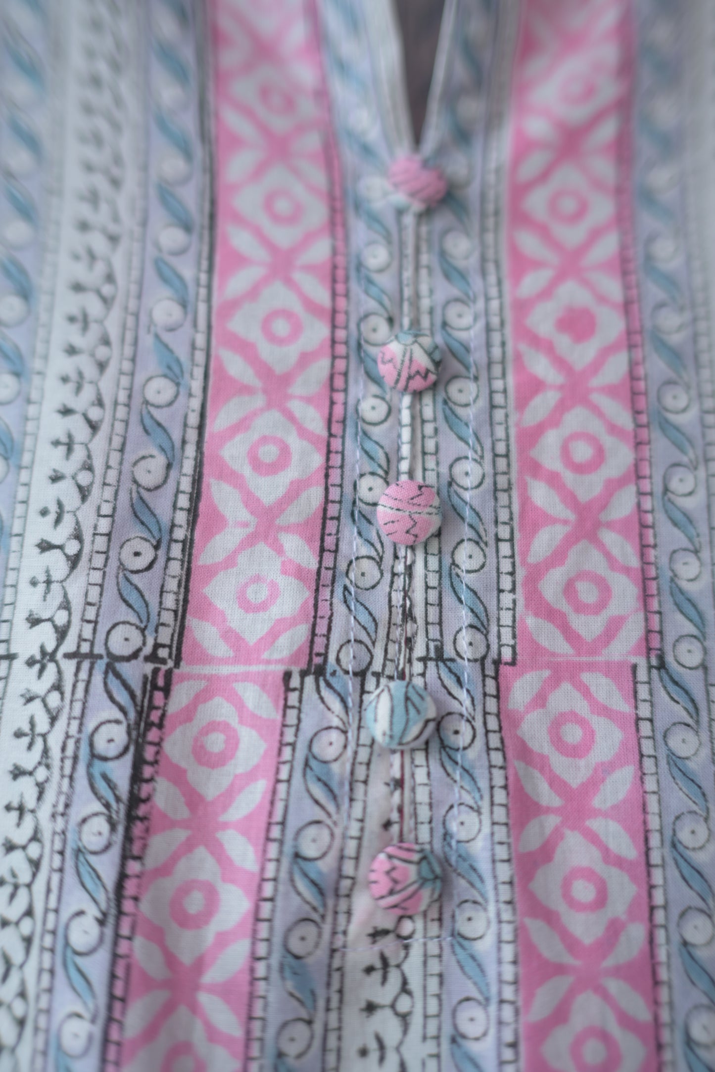 Pink and Grey Hand Block Printed Cotton Collar Neck Kurti