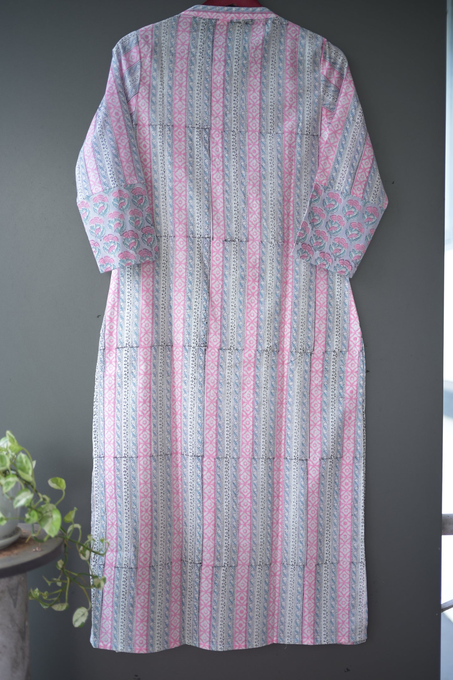 Pink and Grey Hand Block Printed Cotton Collar Neck Kurti