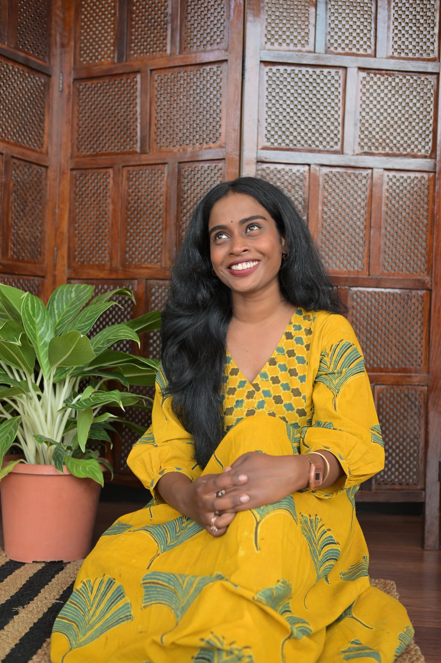 YELLOW AND GREEN AJRAKH GATHERED DRESS