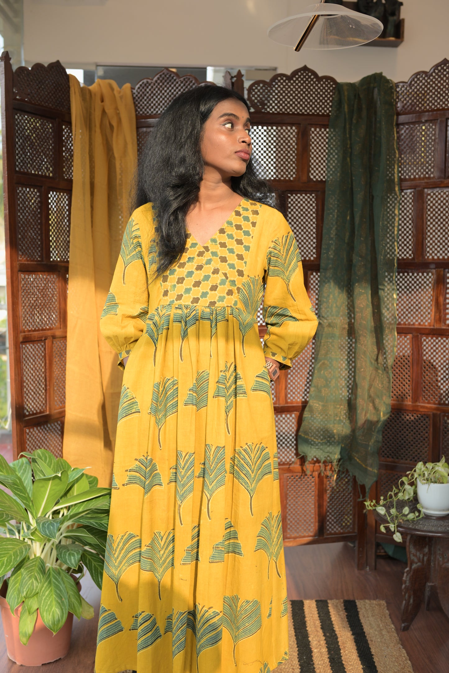 YELLOW AND GREEN AJRAKH GATHERED DRESS