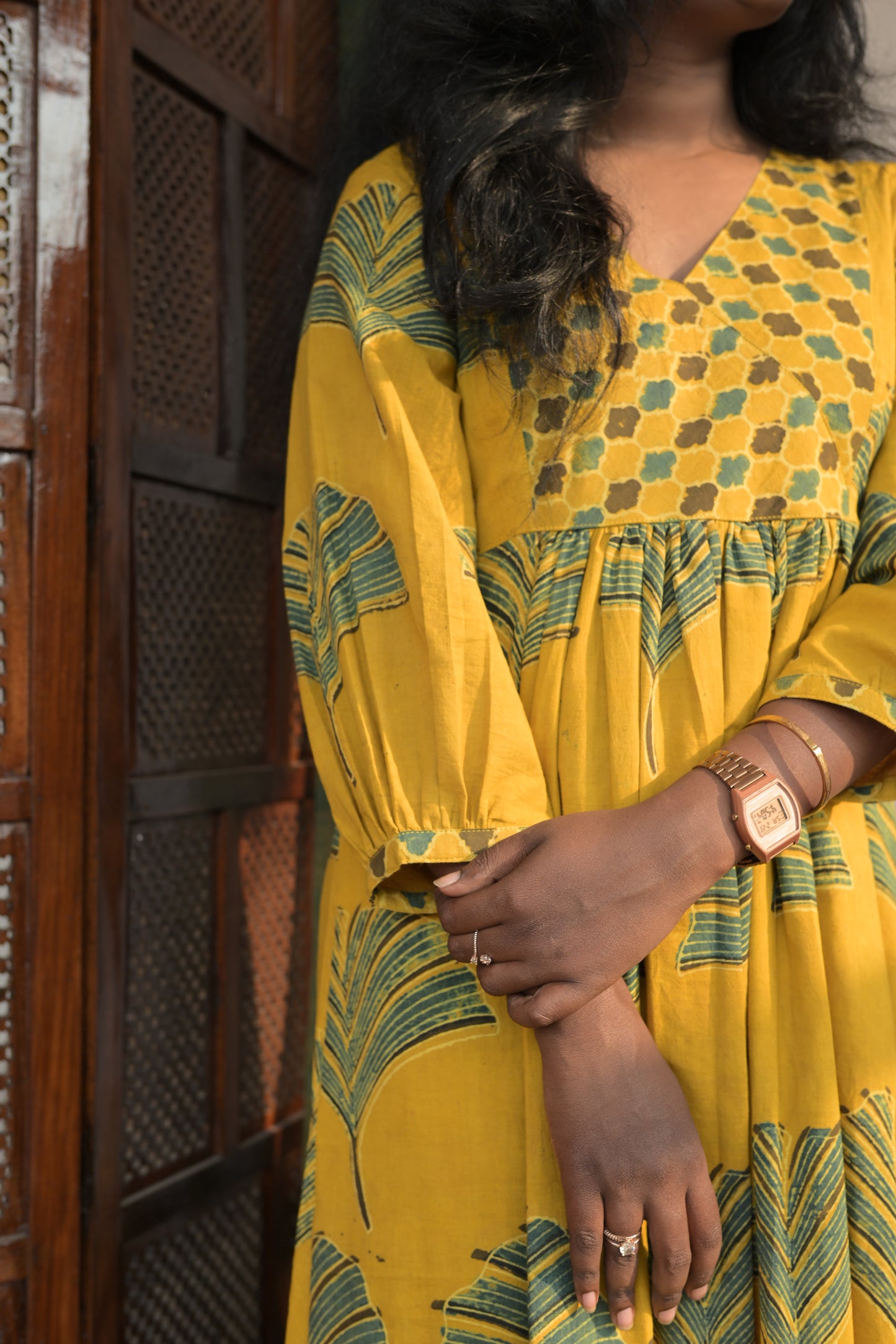 YELLOW AND GREEN AJRAKH GATHERED DRESS