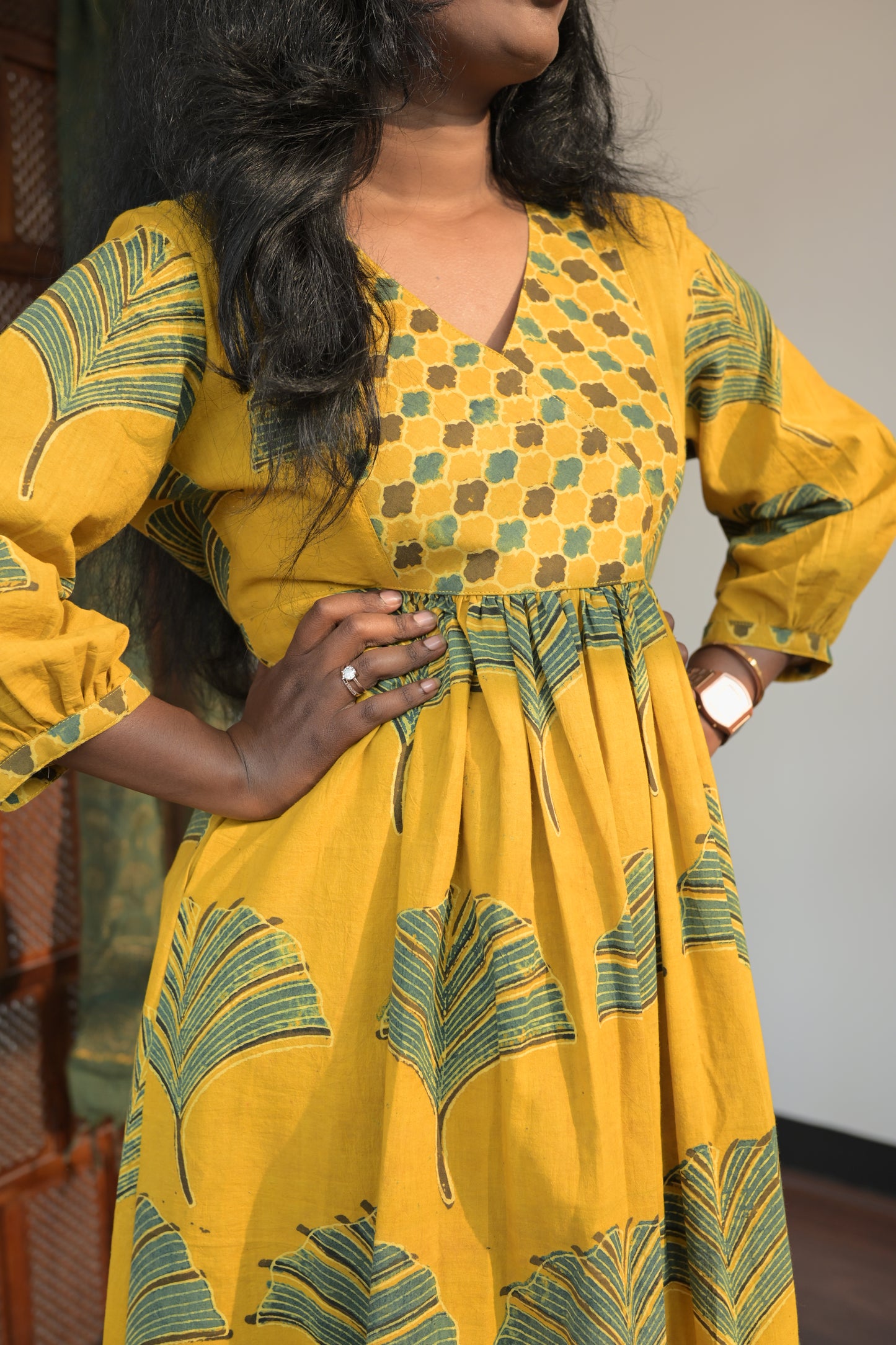 YELLOW AND GREEN AJRAKH GATHERED DRESS