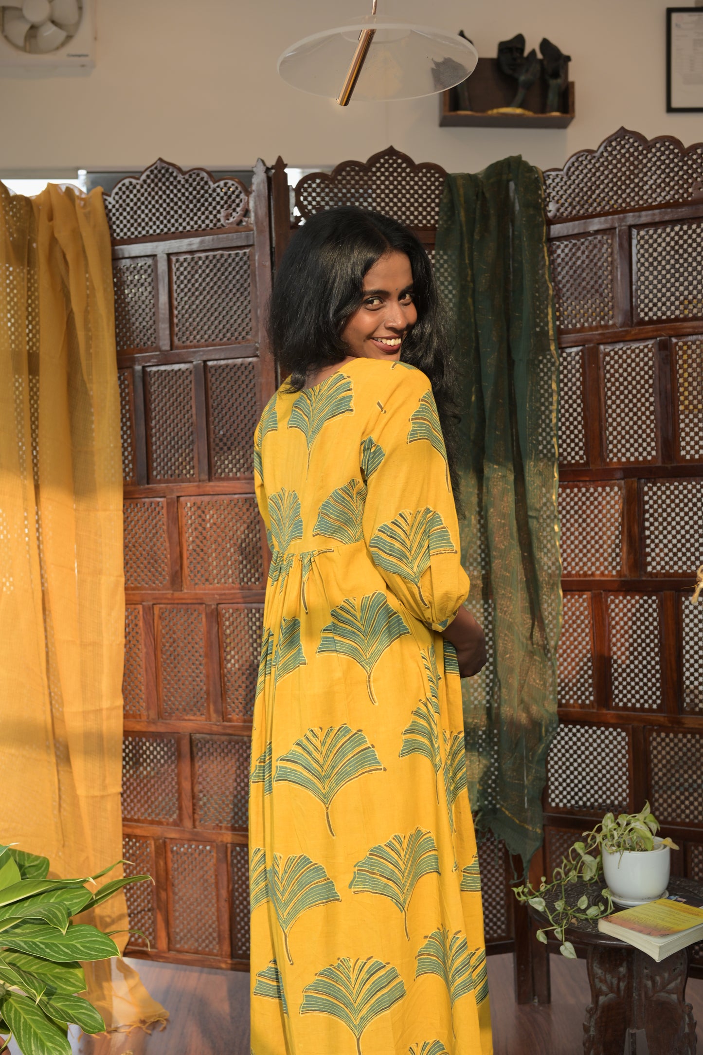 YELLOW AND GREEN AJRAKH GATHERED DRESS
