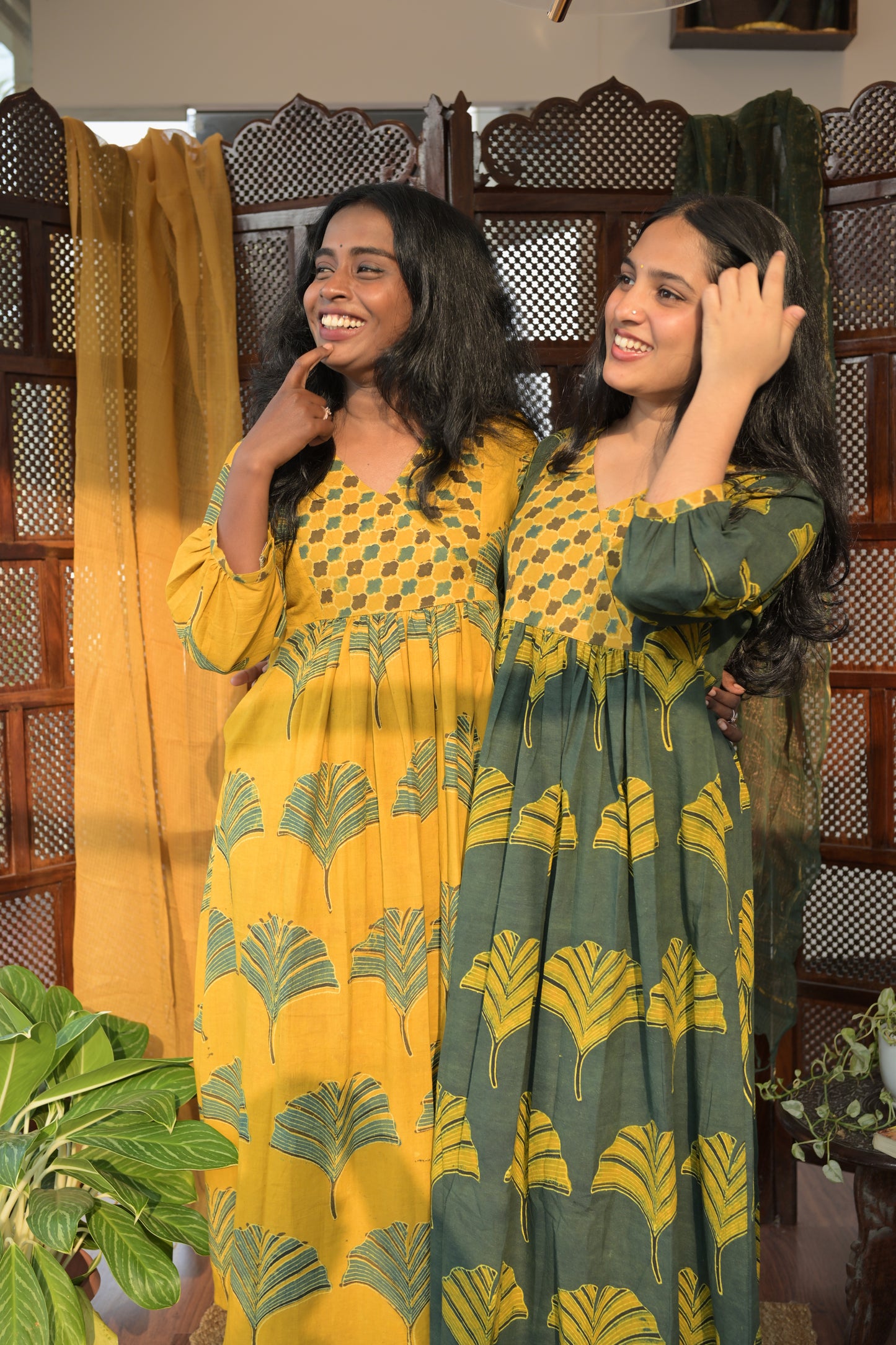 YELLOW AND GREEN AJRAKH GATHERED DRESS