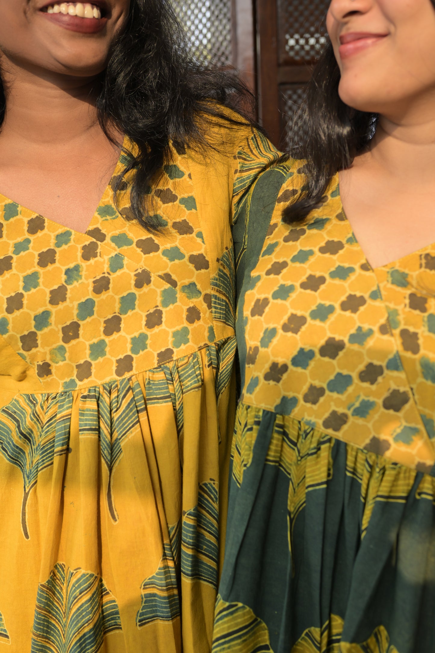 YELLOW AND GREEN AJRAKH GATHERED DRESS