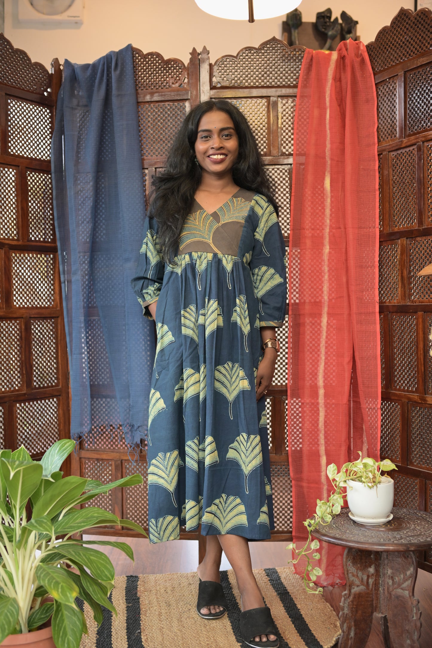 BLUE AJRAKH GATHERED DRESS