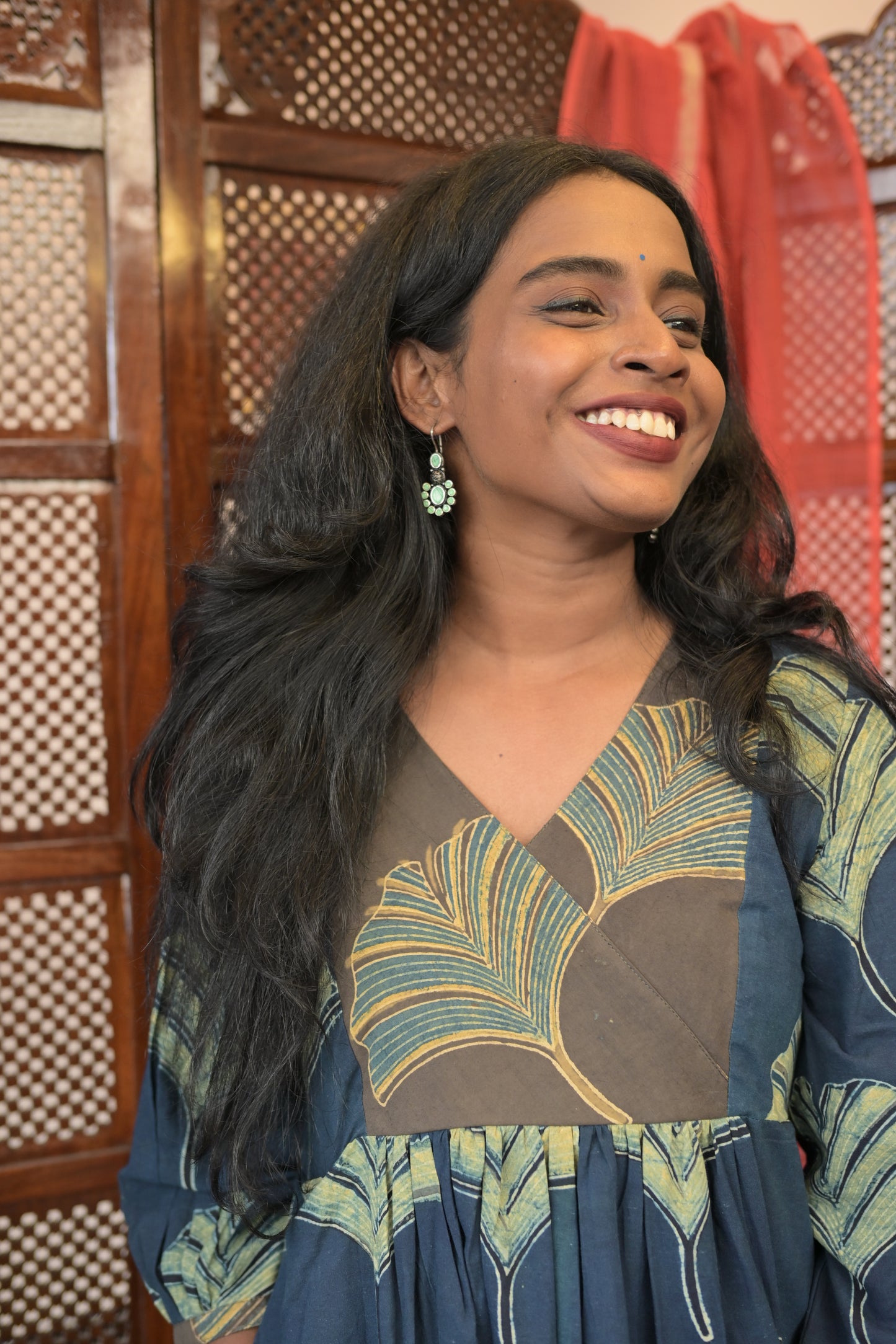 BLUE AJRAKH GATHERED DRESS