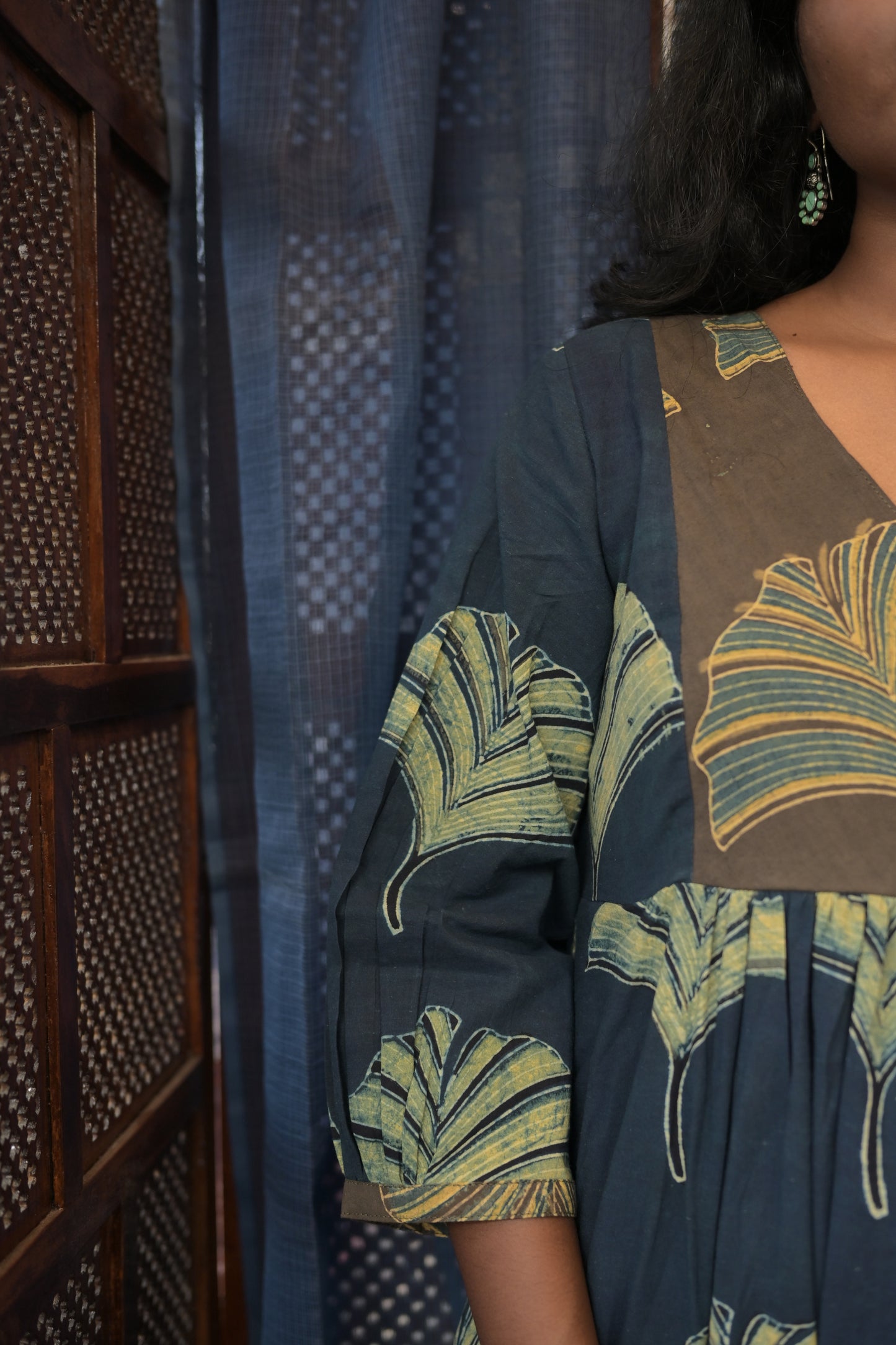 BLUE AJRAKH GATHERED DRESS