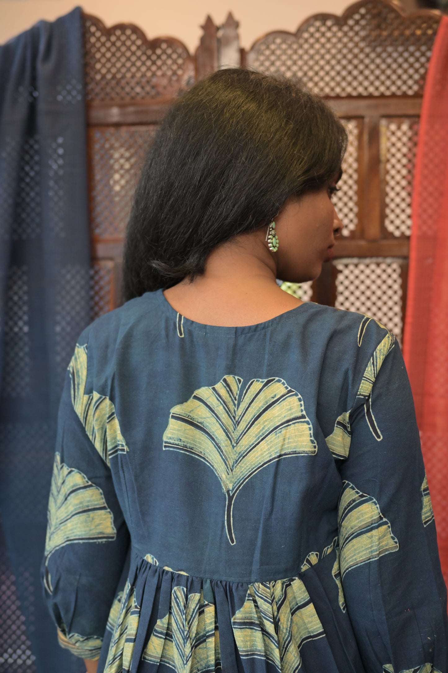 BLUE AJRAKH GATHERED DRESS