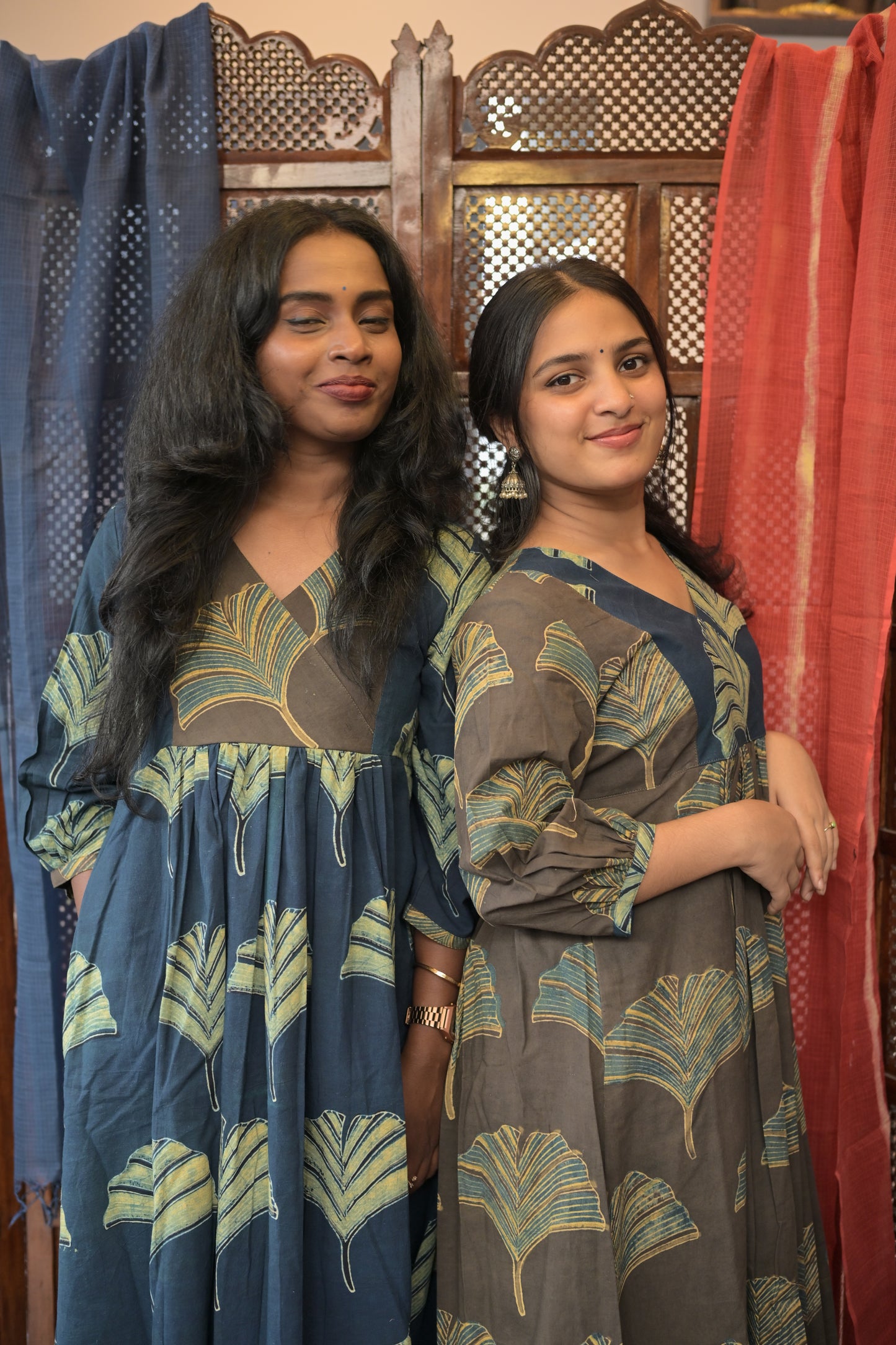 BLUE AJRAKH GATHERED DRESS