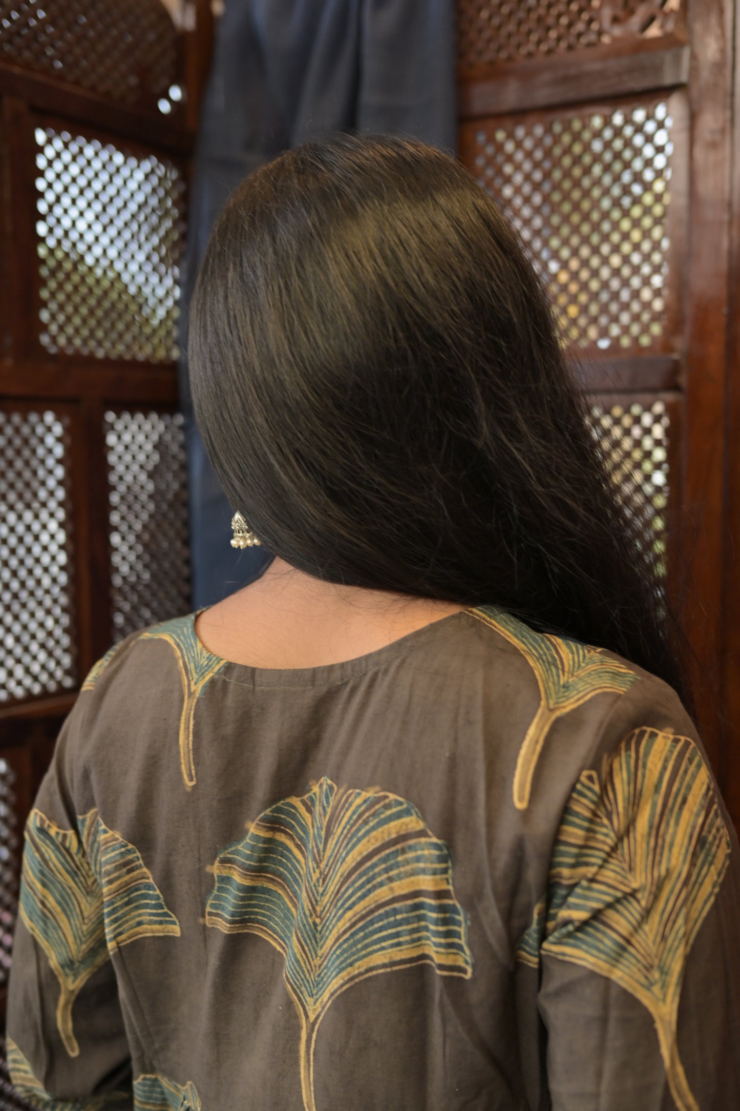 OLIVE GREEN AJRAKH GATHERED DRESS