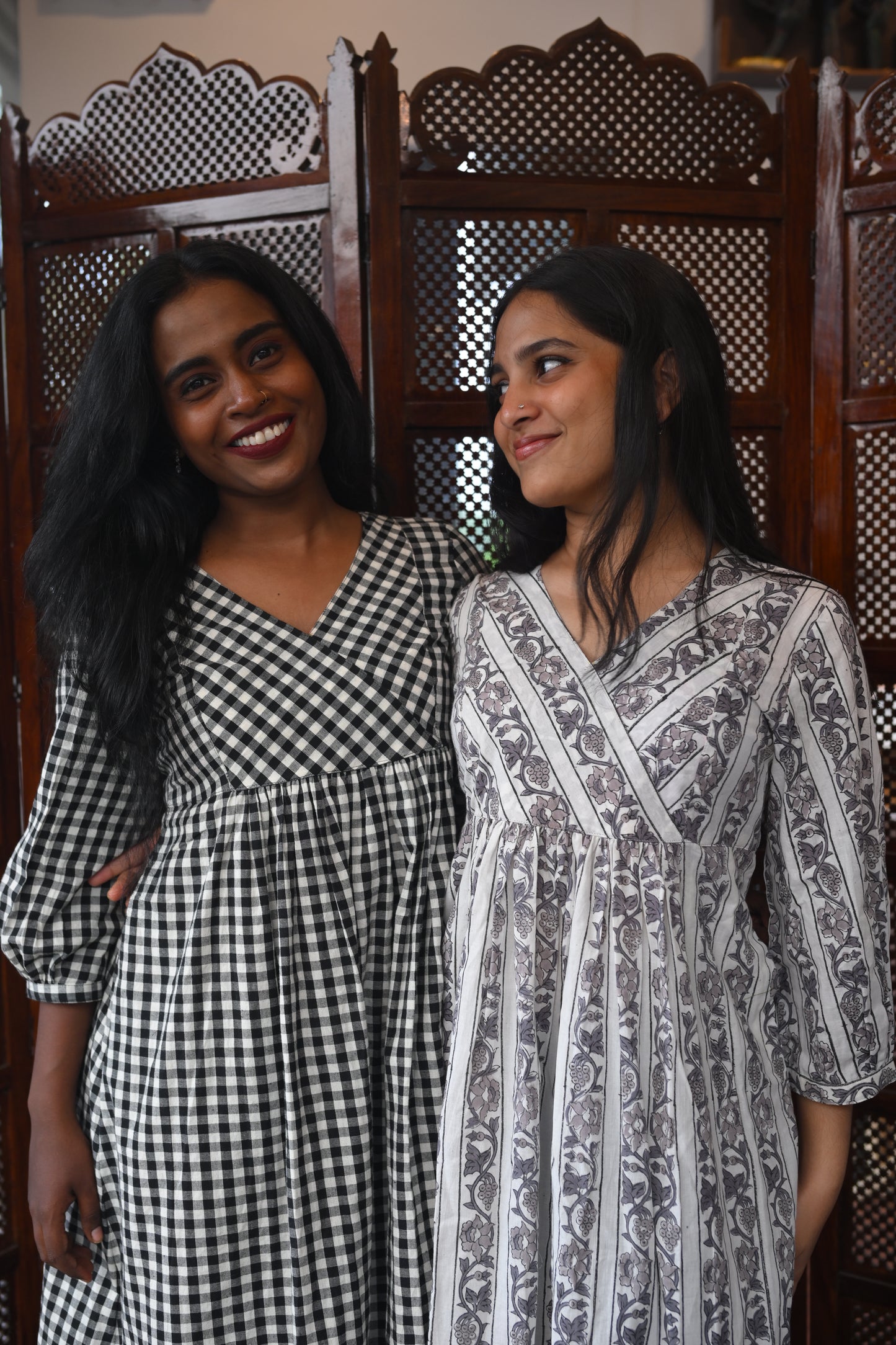 WHITE BLOCK PRINTED GATHERED DRESS