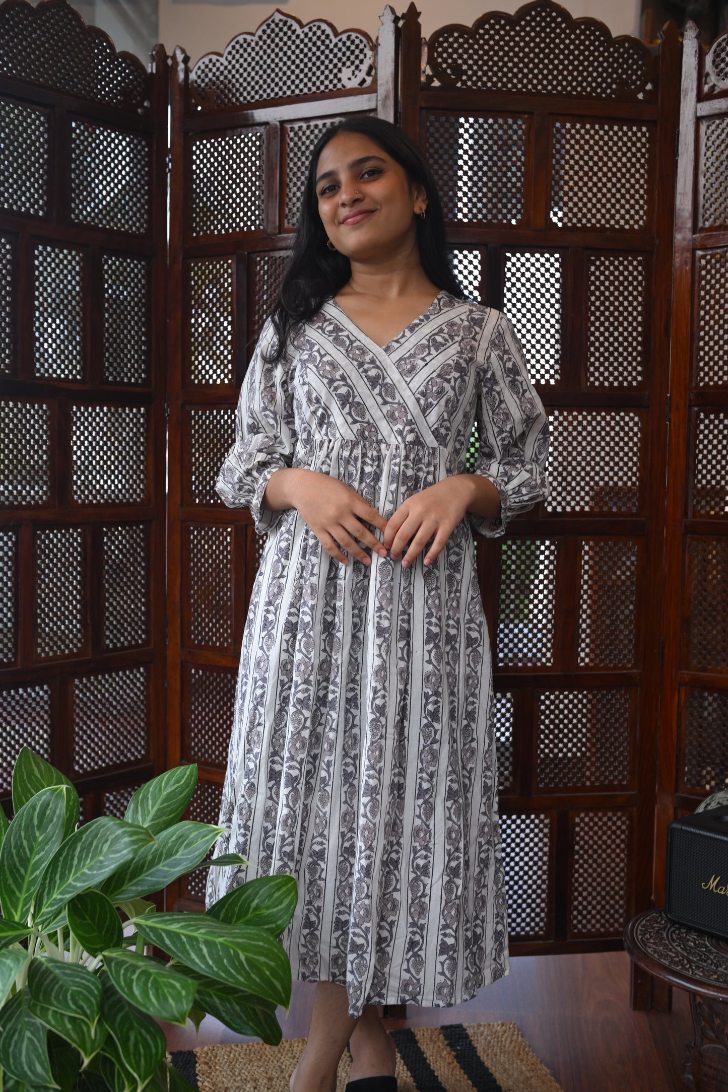WHITE BLOCK PRINTED GATHERED DRESS