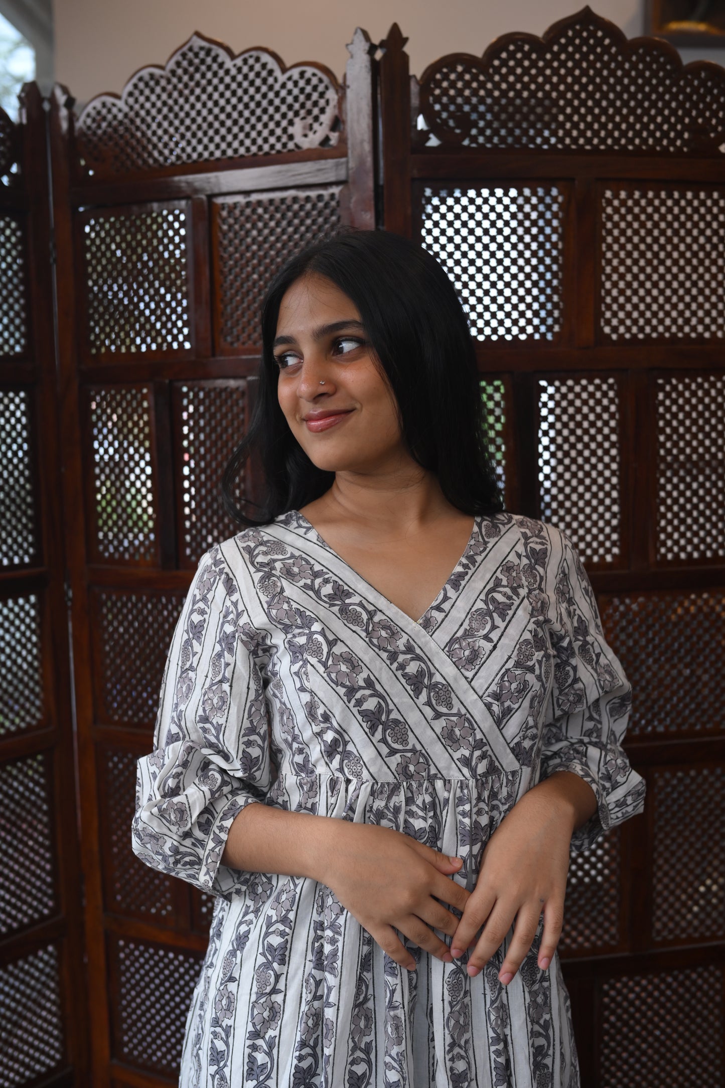 WHITE BLOCK PRINTED GATHERED DRESS