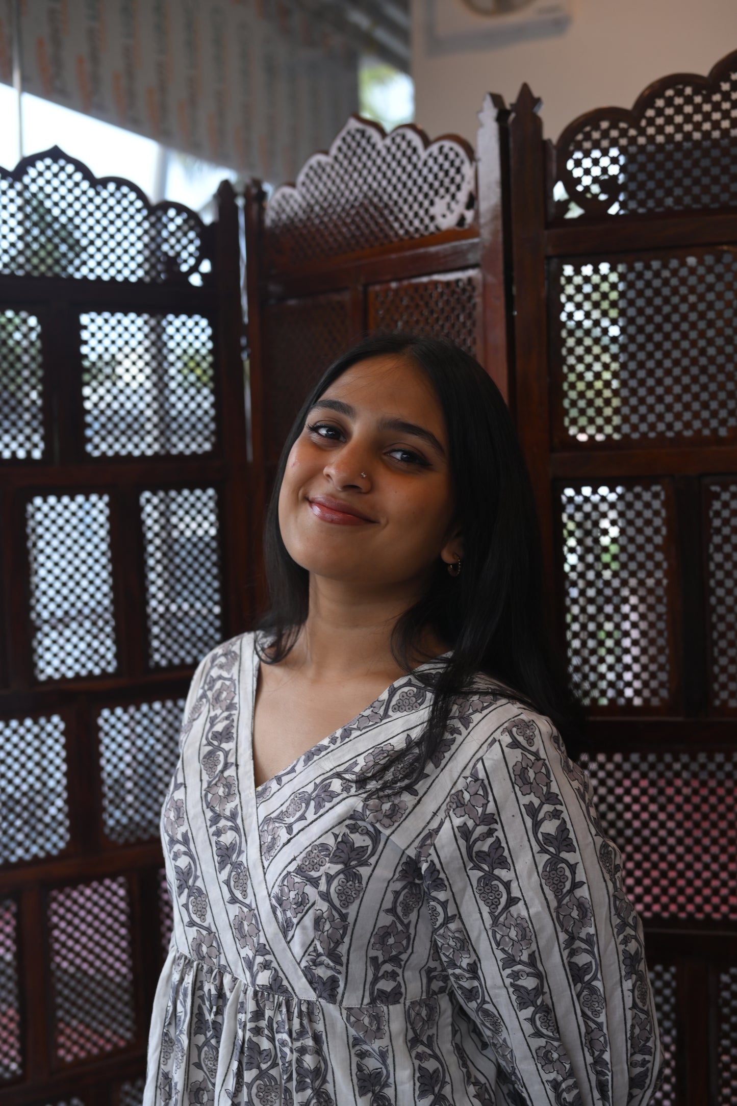 WHITE BLOCK PRINTED GATHERED DRESS