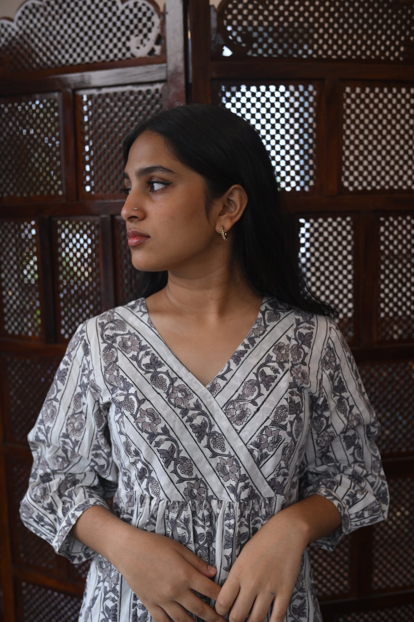 WHITE BLOCK PRINTED GATHERED DRESS