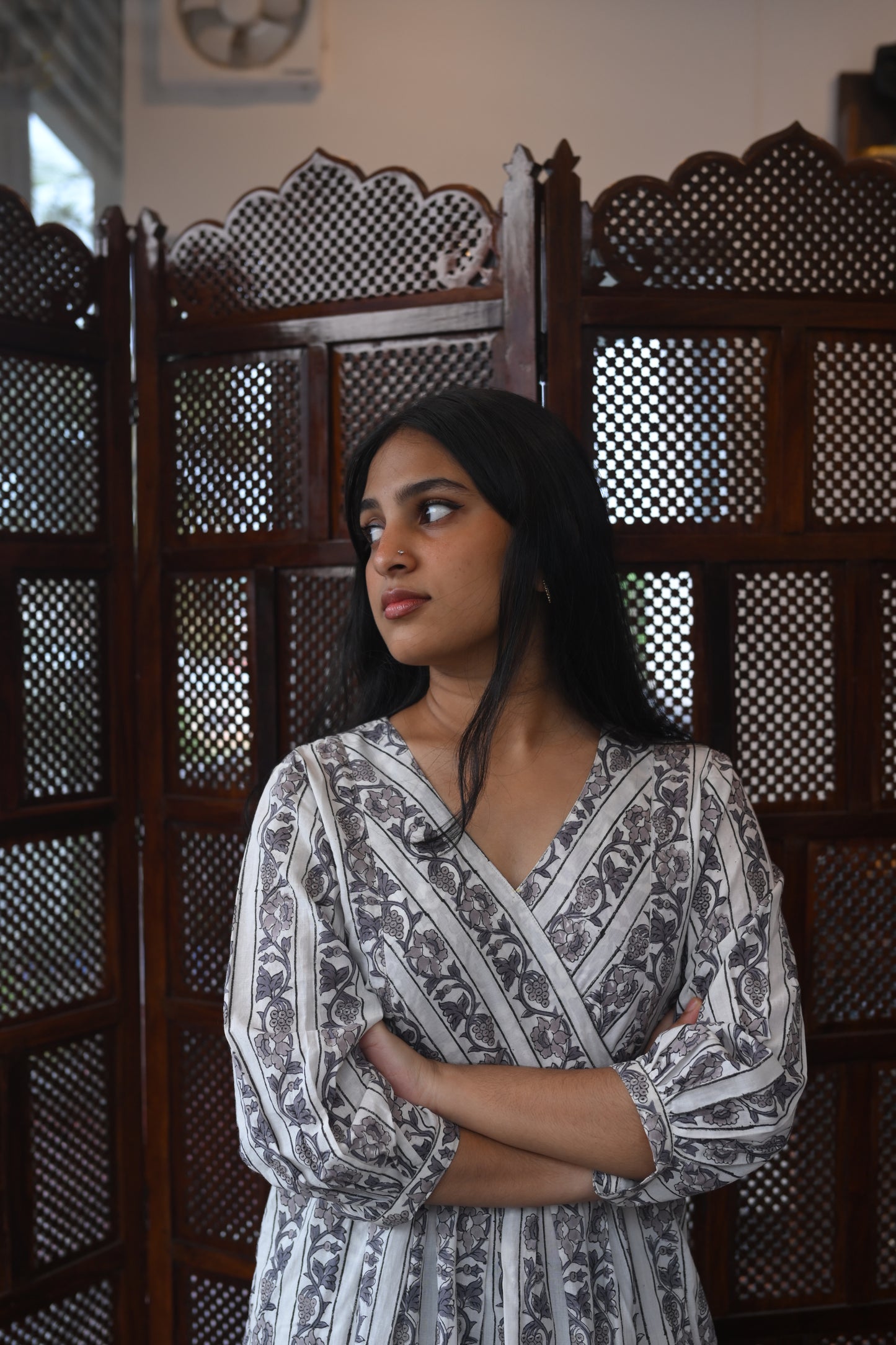 WHITE BLOCK PRINTED GATHERED DRESS
