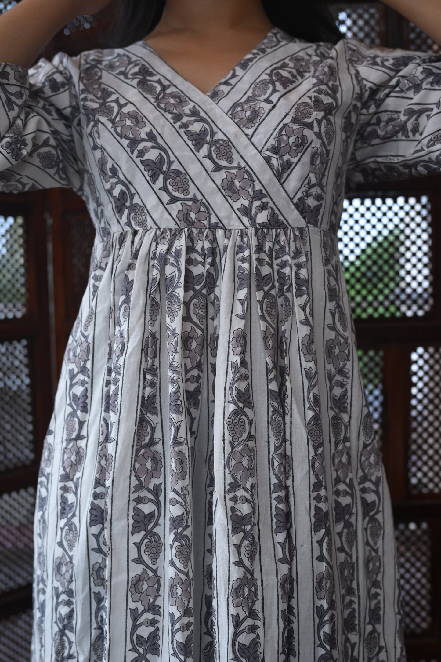 WHITE BLOCK PRINTED GATHERED DRESS