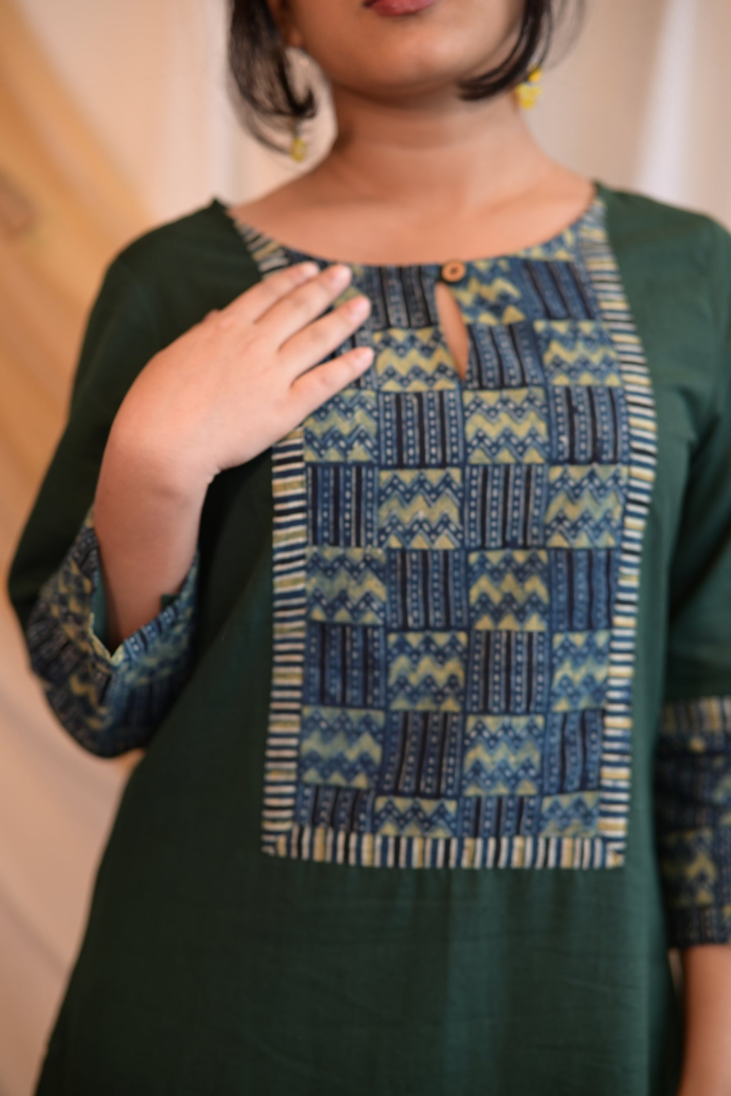 Kadha Green Plain Cotton Flax With Ajrakh Patch Kurti