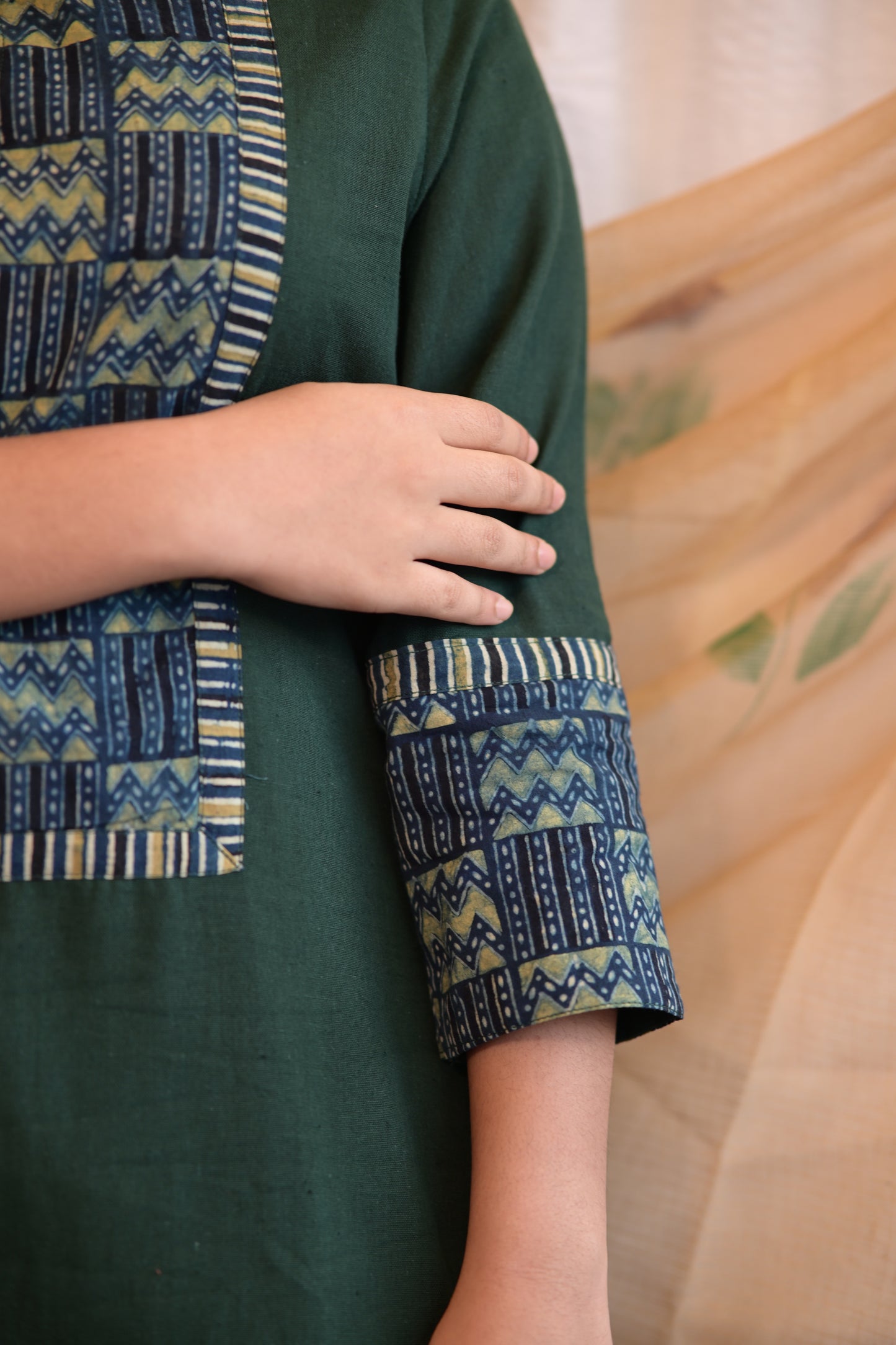 Kadha Green Plain Cotton Flax With Ajrakh Patch Kurti