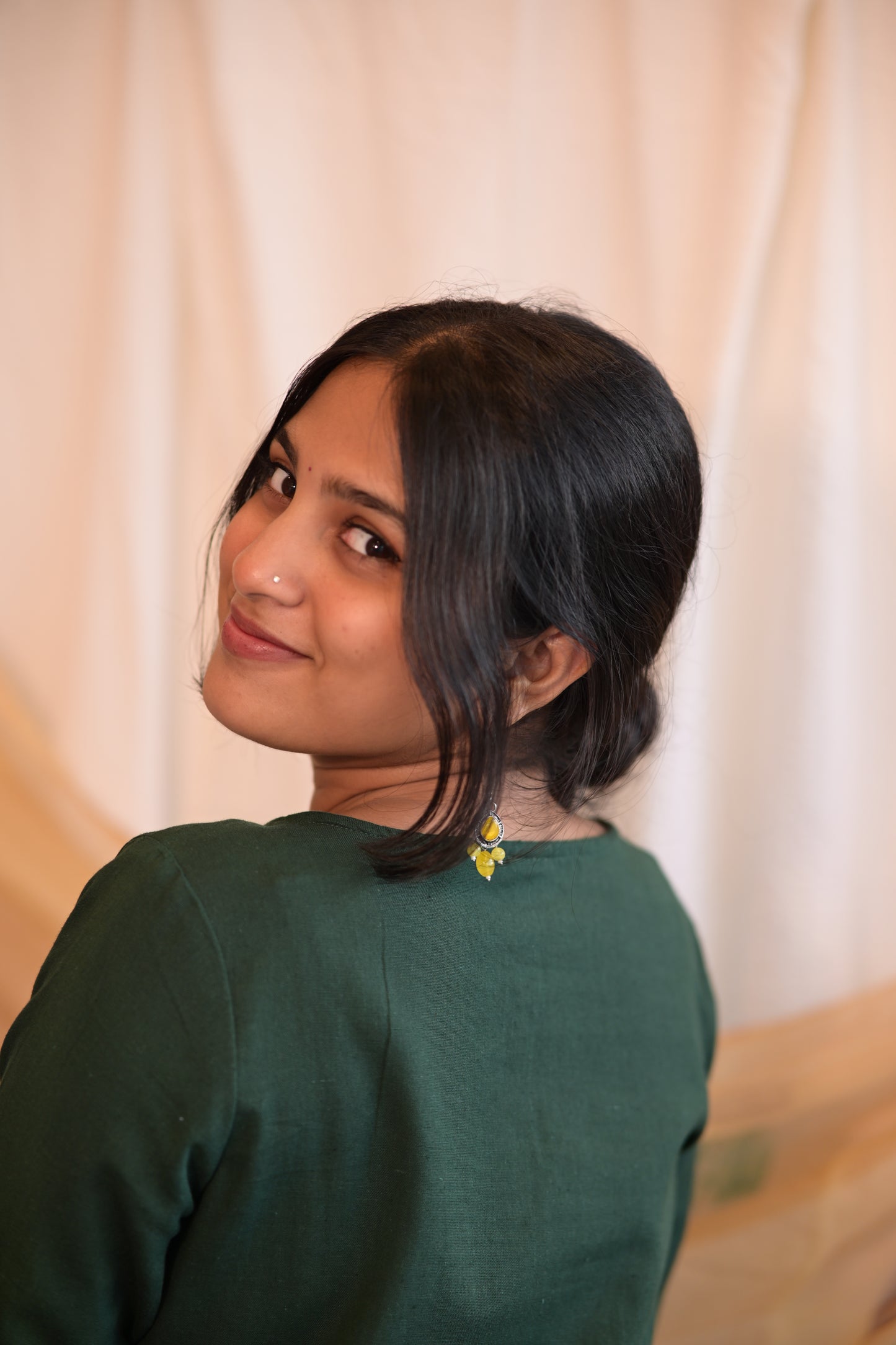 Kadha Green Plain Cotton Flax With Ajrakh Patch Kurti