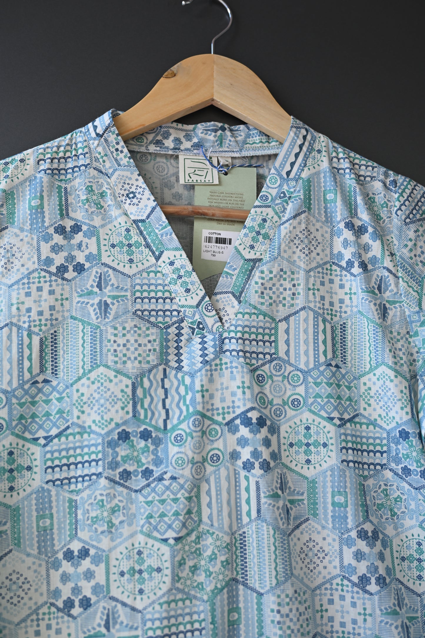 Blue and Offwhite Printed V Neck Kurti