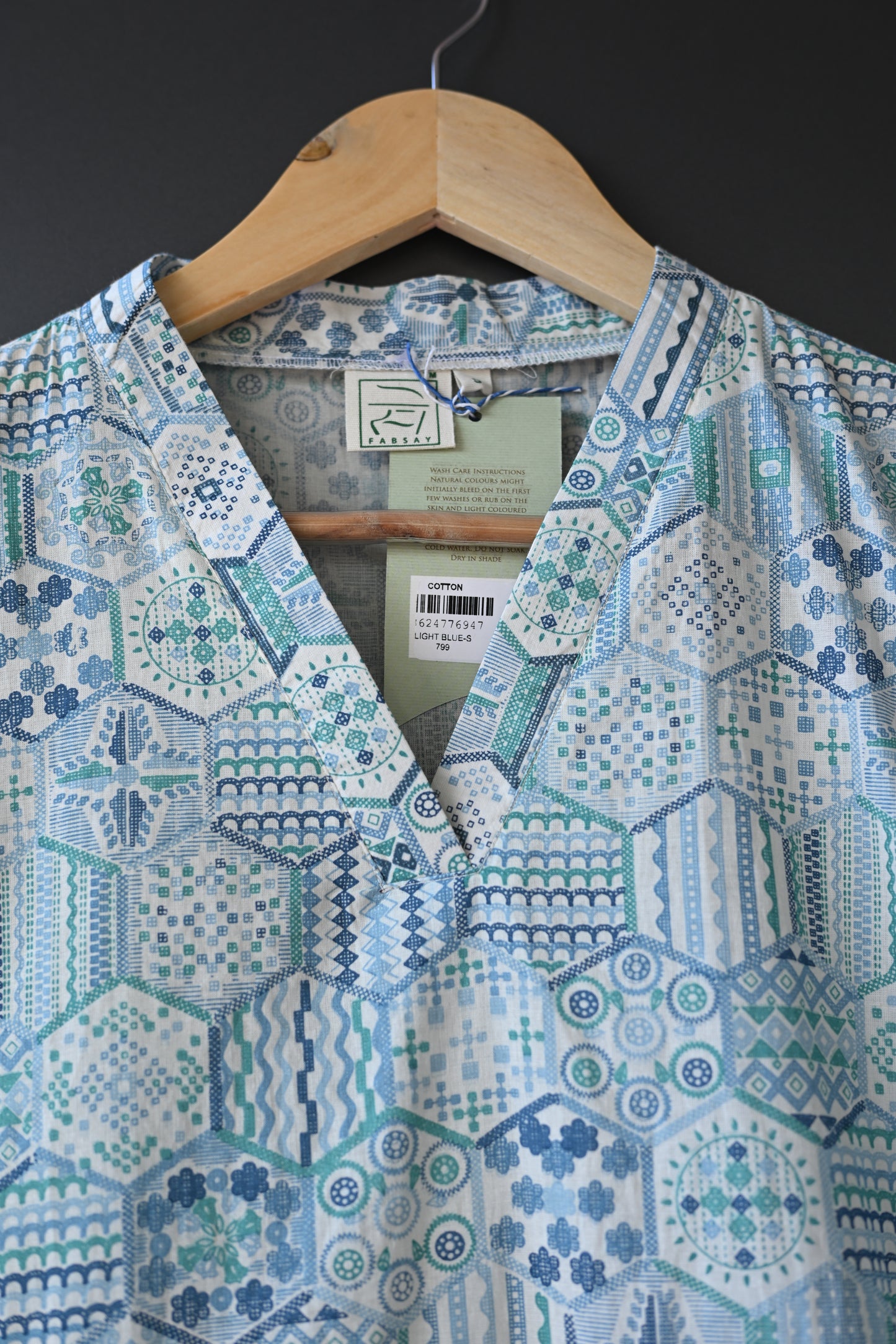 Blue and Offwhite Printed V Neck Kurti