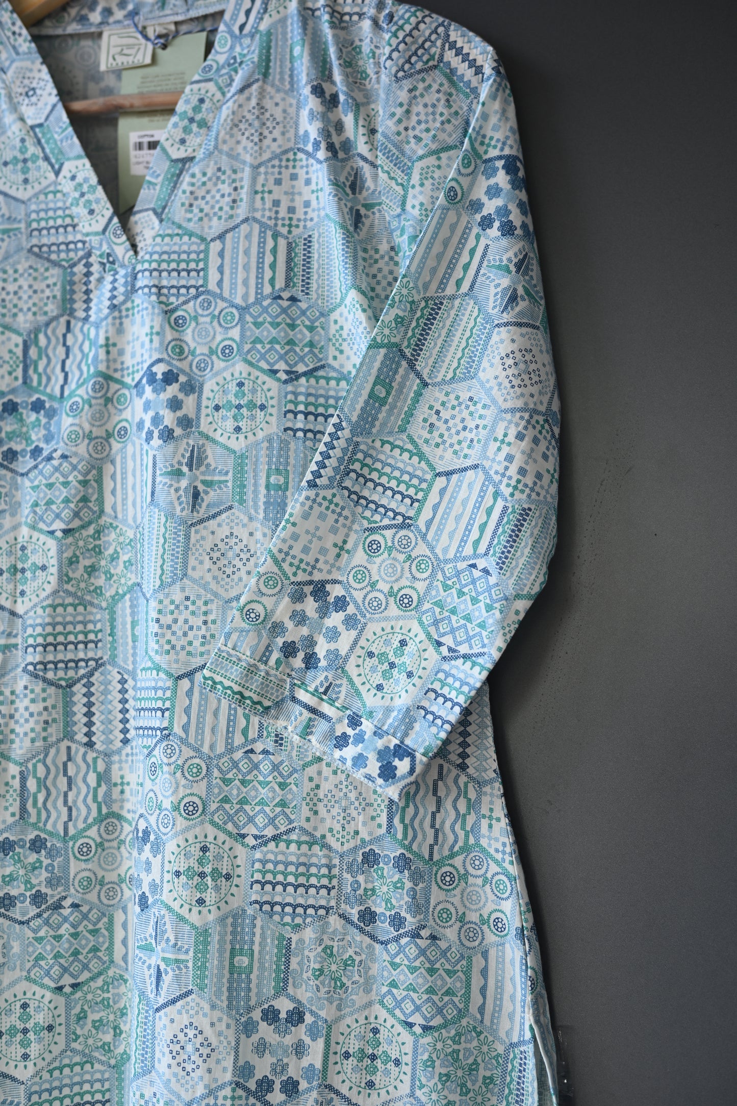 Blue and Offwhite Printed V Neck Kurti