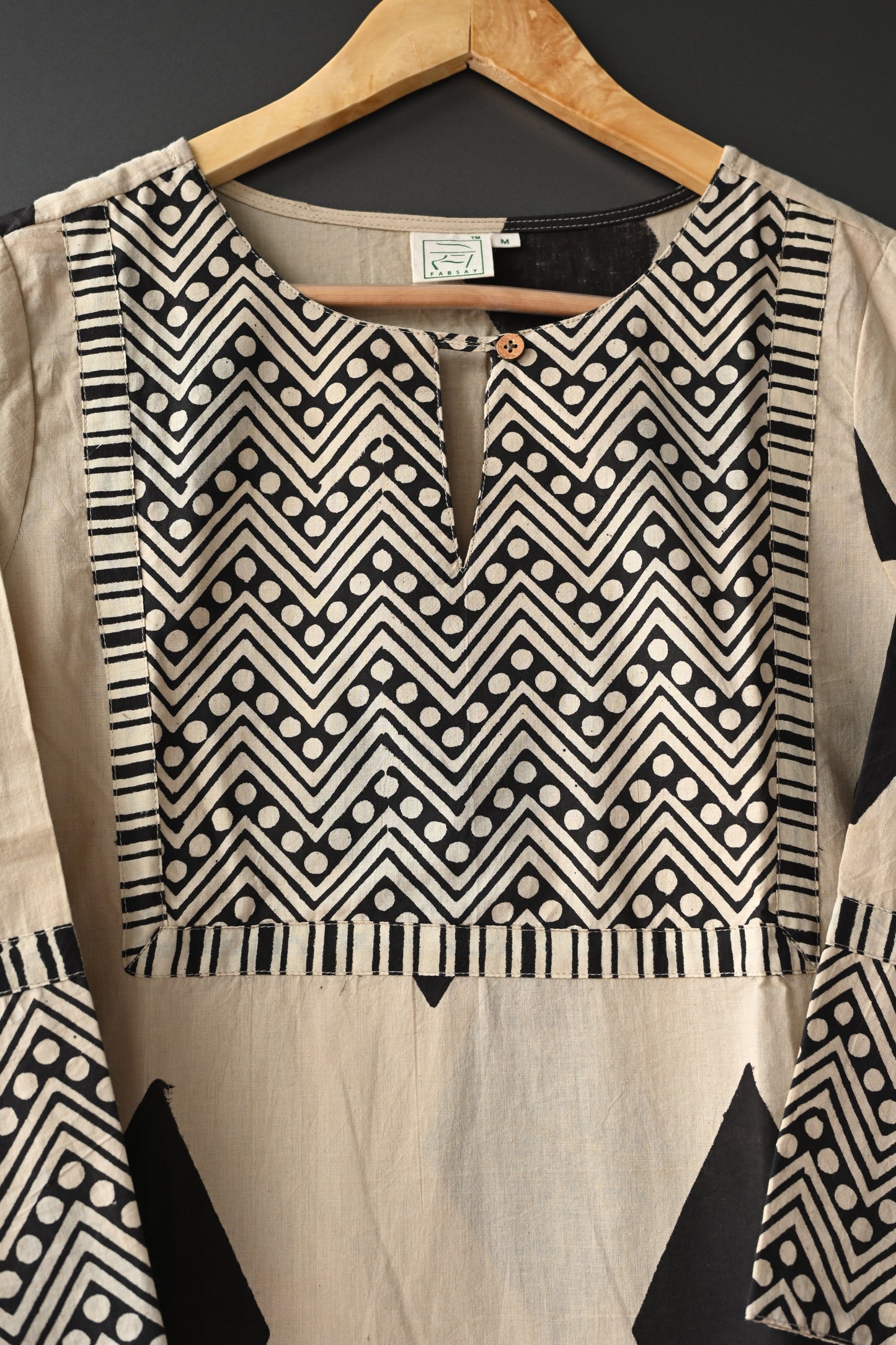 Beige and Black Geometric Print Patch Hand Block Printed Kurti