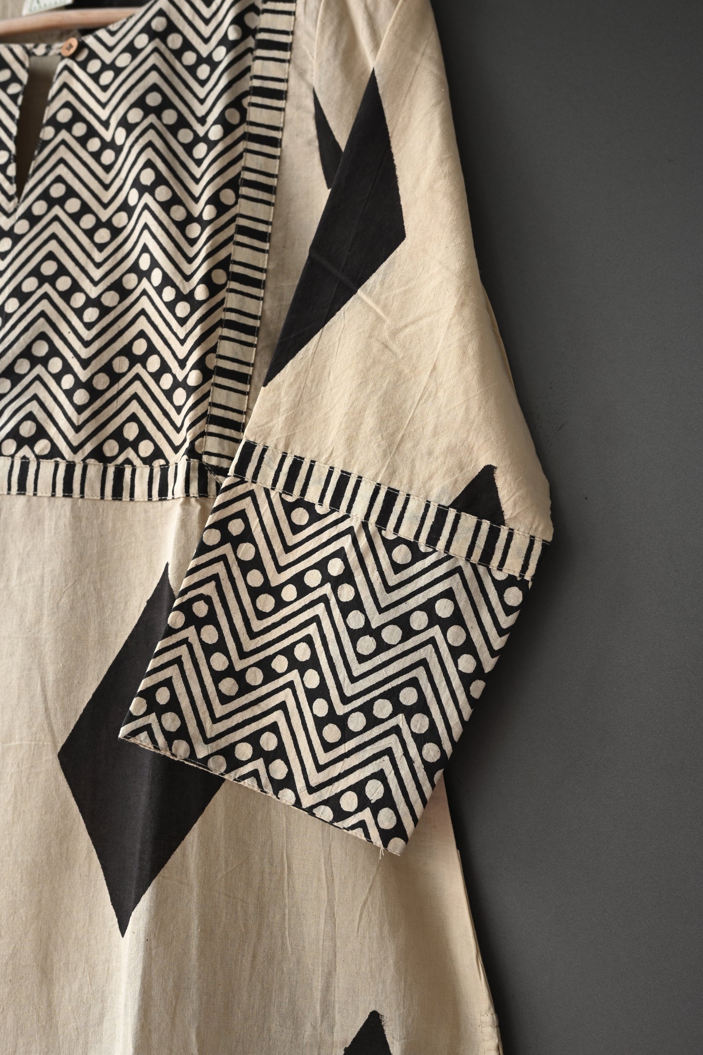 Beige and Black Geometric Print Patch Hand Block Printed Kurti