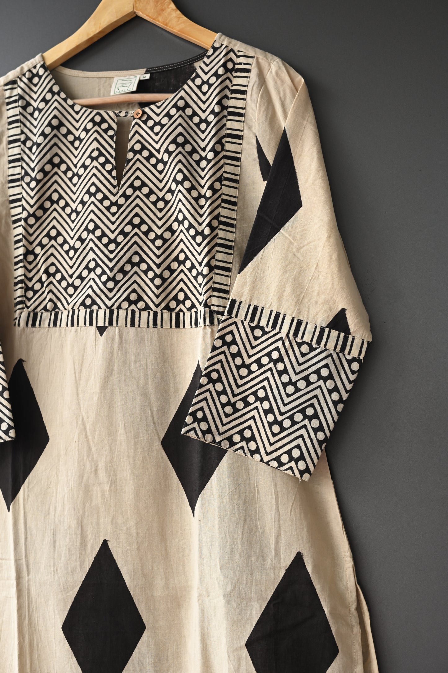 Beige and Black Geometric Print Patch Hand Block Printed Kurti
