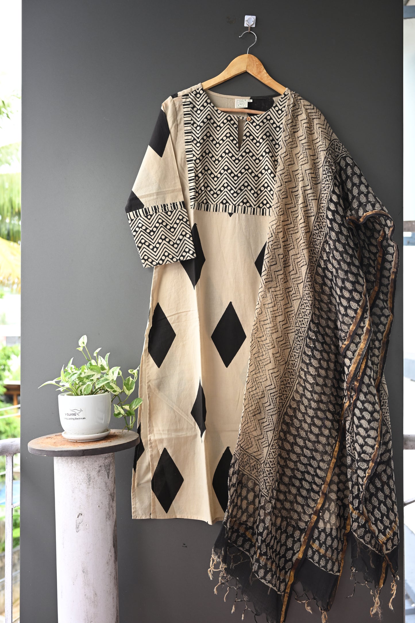 Beige and Black Printed Kota Doria Dupatta