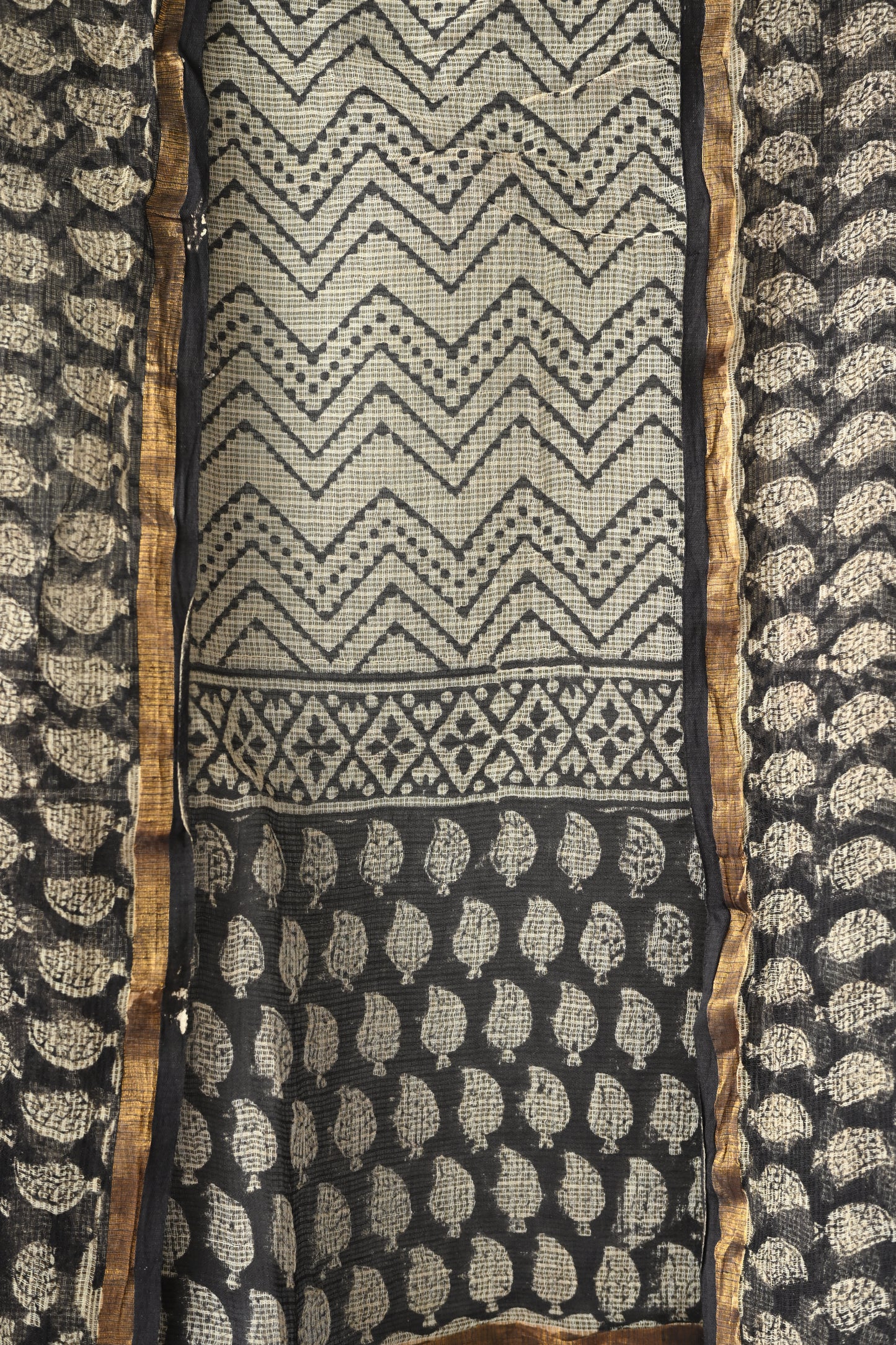 Beige and Black Printed Kota Doria Dupatta
