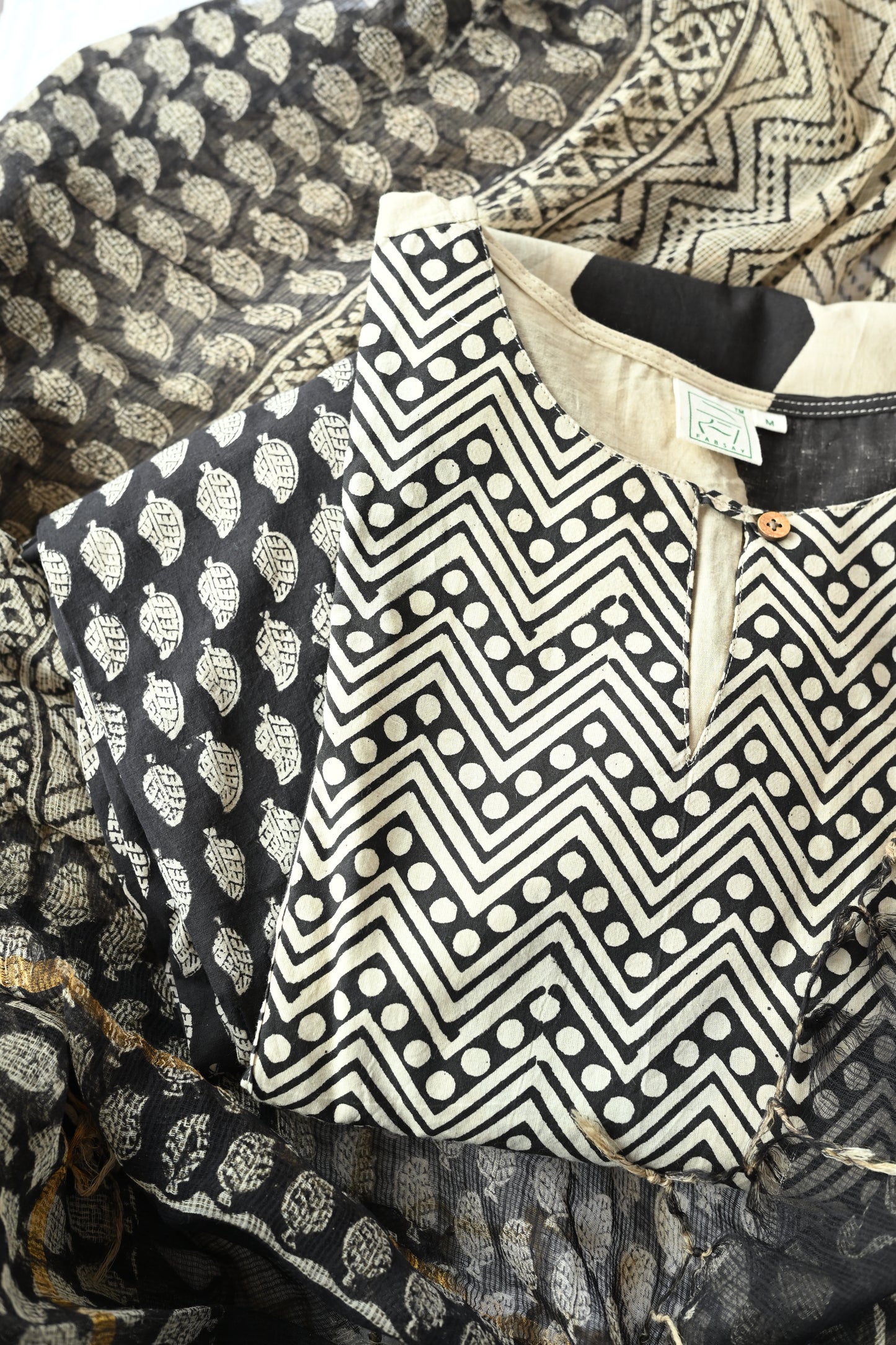 Beige and Black Printed Kota Doria Dupatta